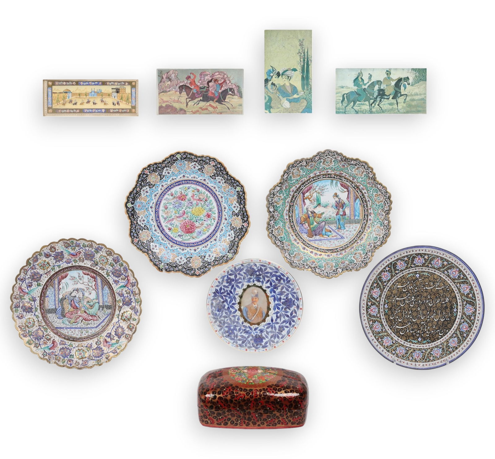 A group of ten Persian decorative items: A group of ten Persian decorative items Plate: diameter 10 in. (25.4 cm.)