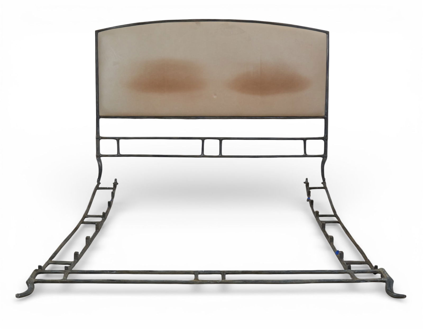 A patinated metal bed frame, modern: A patinated metal bed frame modern Lacking securing hardware; together with another matching headboard. approximate height 54in (137cm); length 89in (226cm) width 80in (203cm)