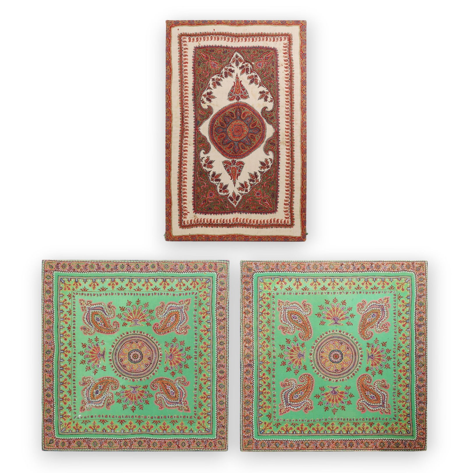 A group of three handmade Persian PATEH embroideries: A group of three handmade Persian PATEH embroideries Largest: height 42 x width 26 in. (106.7 x 66 cm.)