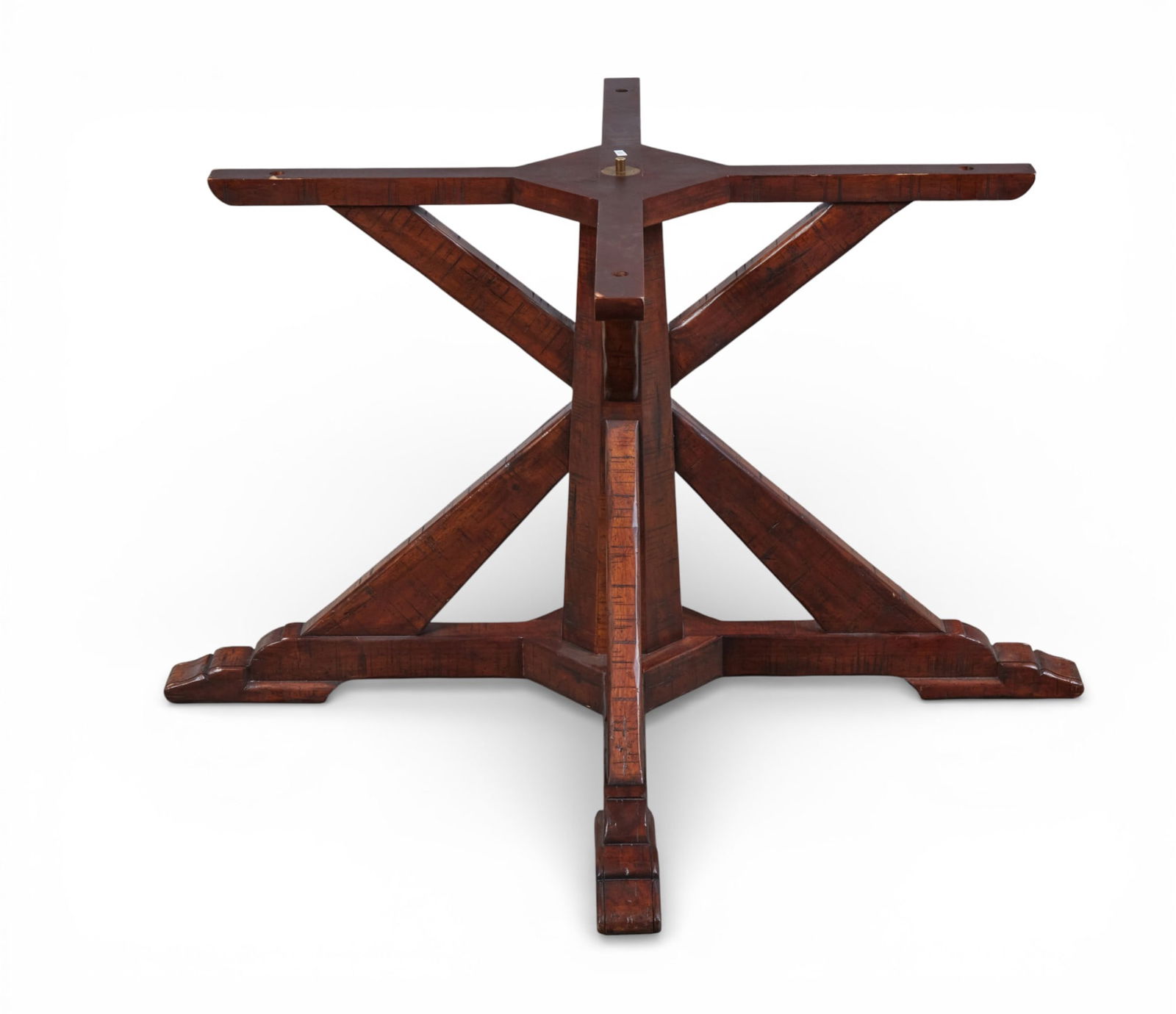 A rustic stained walnut pedestal table base, modern: A rustic stained walnut pedestal table base modern height 27in (69cm); diameter 47in (120cm)