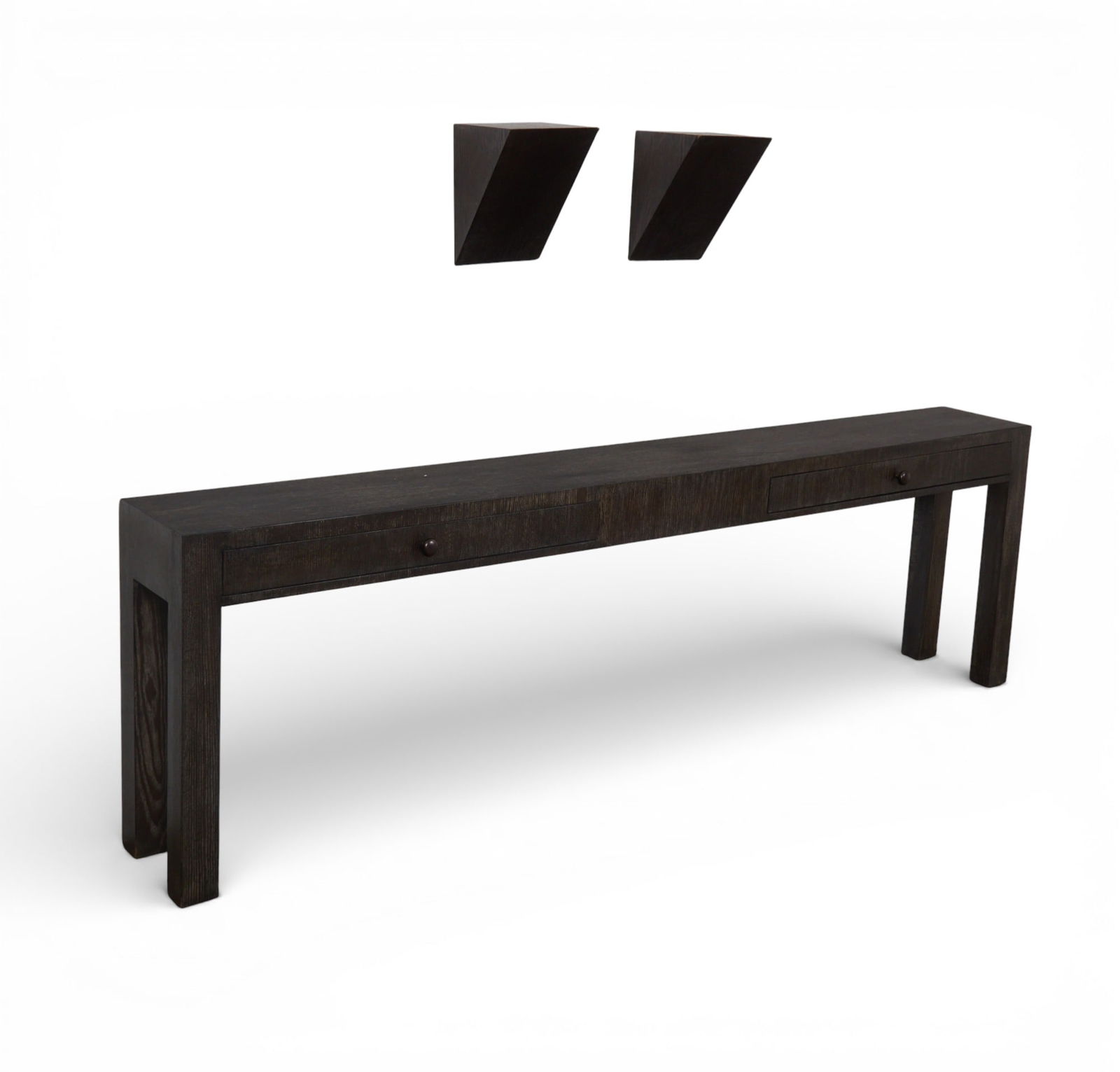 A modern grey cerused oak hall console table and a pair of cerused oak wall brackets: A modern grey cerused oak hall console table and a pair of cerused oak wall brackets (3) console height 29 1/2in (75cm); width 96in (244cm); depth 12 1/4in (32cm)