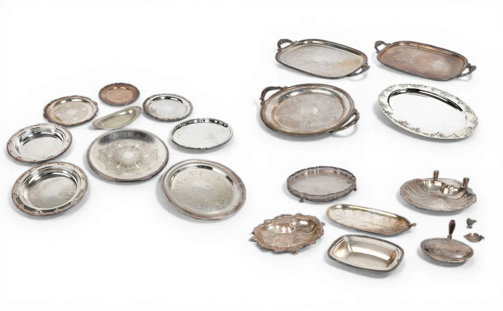 A group of seventeen assorted silver plated trays, platters, and bowls (1 of 8)