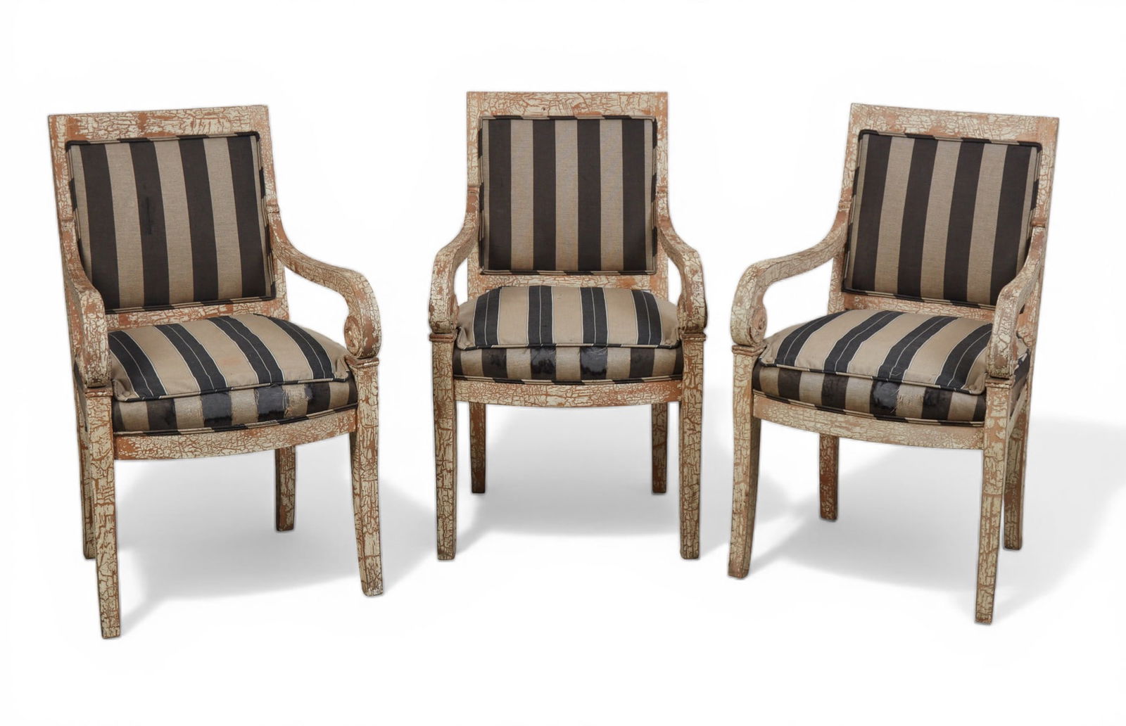 A set of three Louis XVI style arm chairs with distressed faux finish: A set of three Louis XVI style arm chairs with distressed faux finish height 38 x width 23 x depth 24 in. (96.5 x 58.4 x 61 cm.)