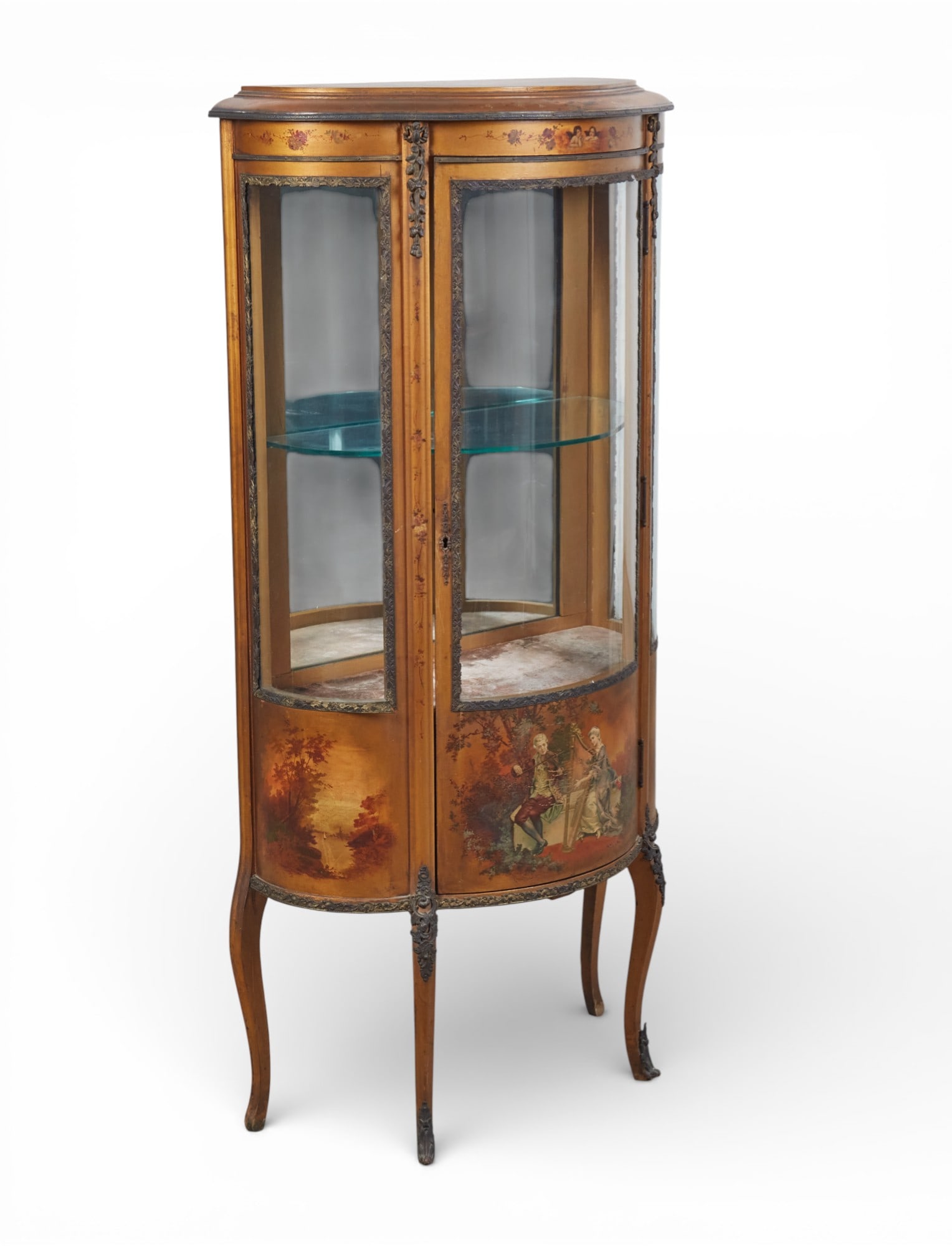 A French metal mounted polychrome decorated vitrine cabinet, 20th century: A French metal mounted polychrome decorated vitrine cabinet 20th century height 55 1/2in (141cm); width 27 1/2in (70cm); depth 14in (35.5cm)