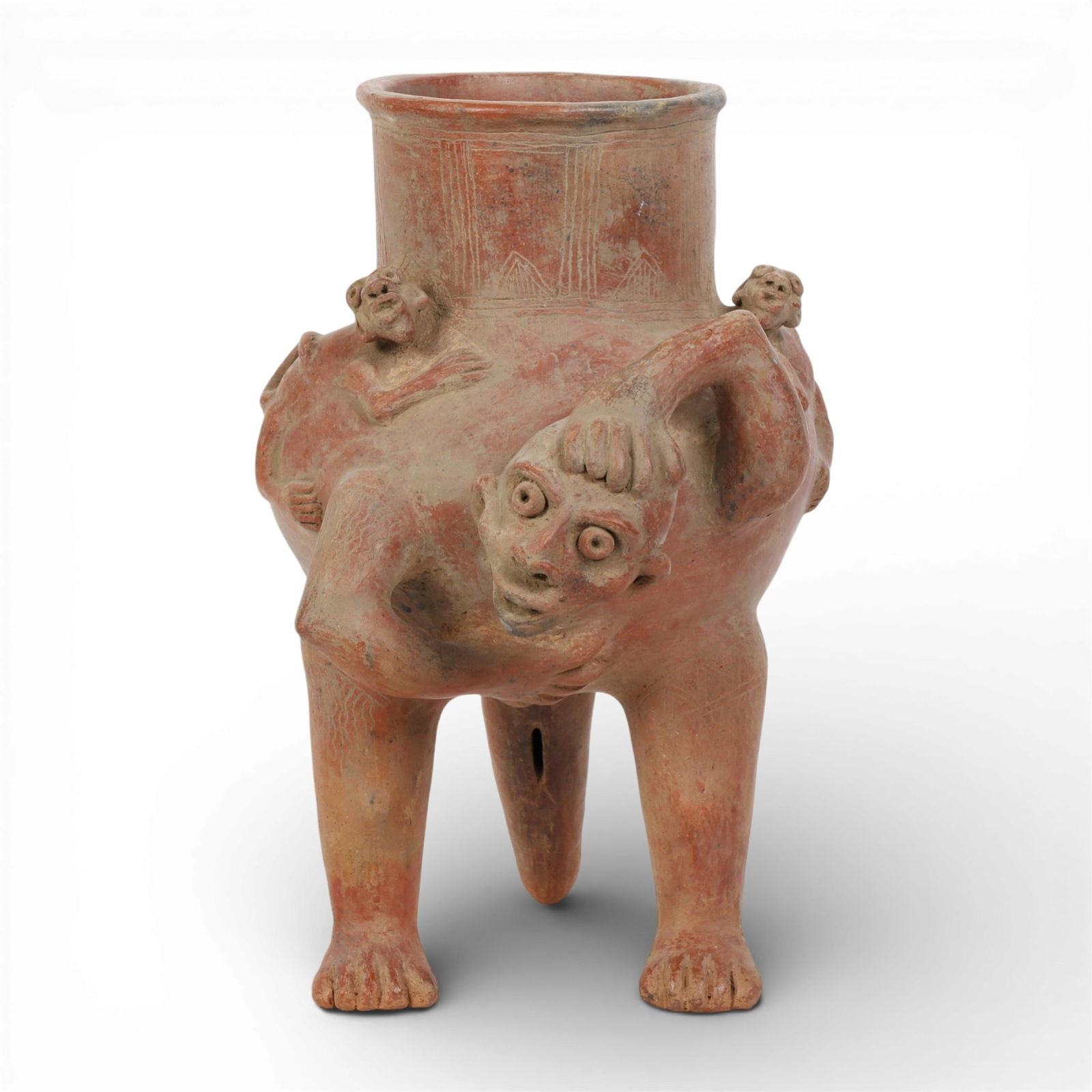 A terracotta tripod vessel: A terracotta tripod vessel height 15 x width 9 in. (38.1 x 22.9 cm.)