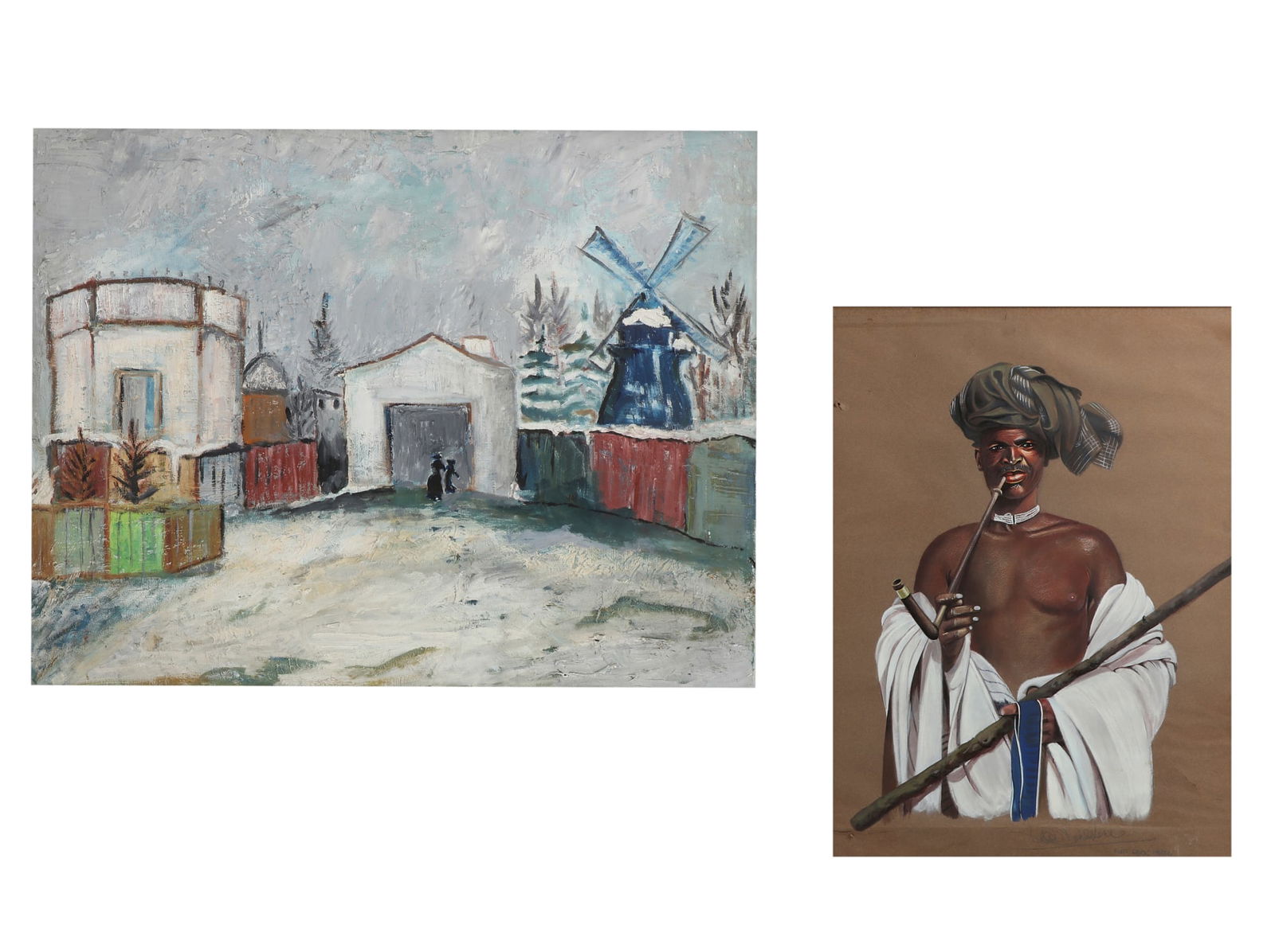 Two framed works: Two framed works lot includes an oil on cavas of a small European town in winter, unknown artist unsigned; along with a gouache on wove brown paper, signed; possibly a Xhosa gentleman with his pipe.