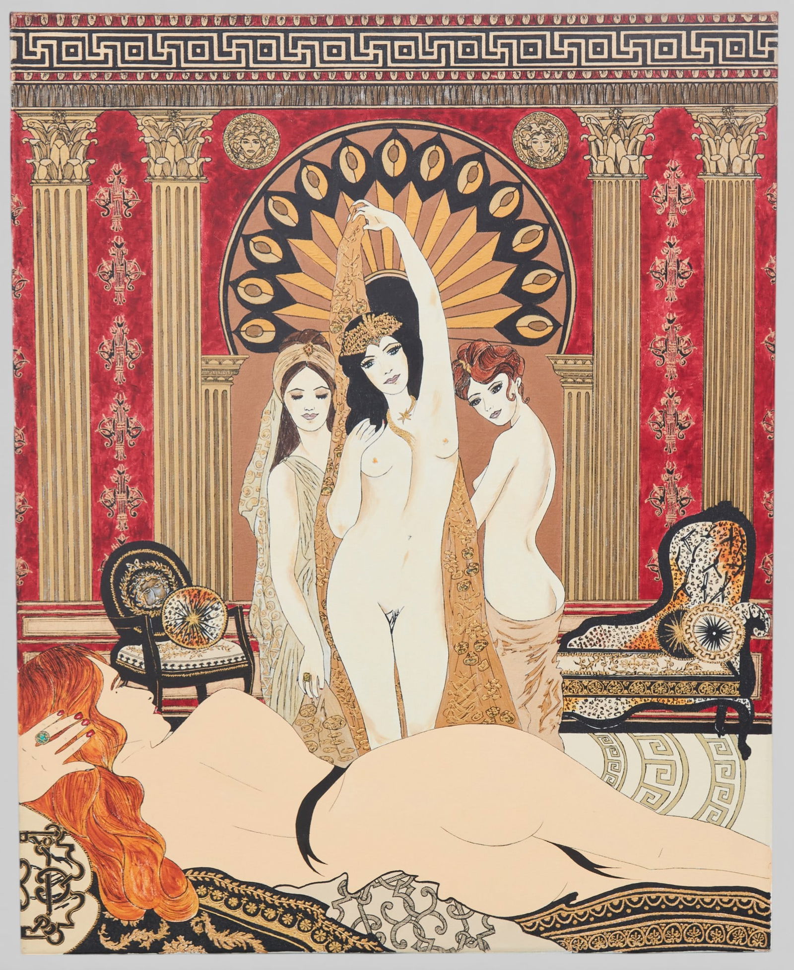 Unknown (20th century), Odalisque in Greek Revival, acrylic on canvas, height 39 x width 32 in (99.1: Unknown 20th century Odalisque in Greek Revival acrylic on canvas unsigned height 39 x width 32 in (99.1 x 81.3 cm)