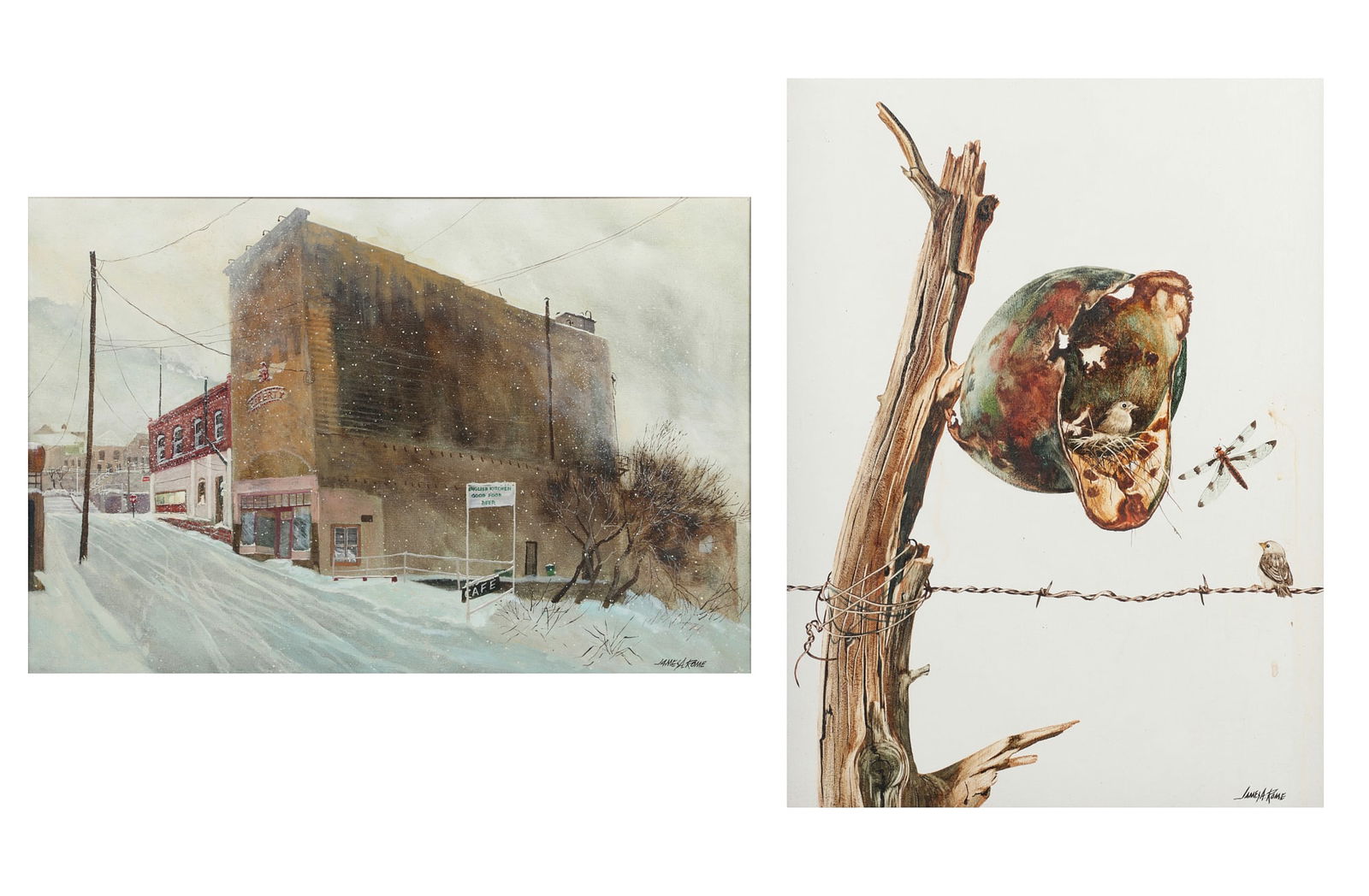 James A. Rome (American, b. 1936), English Kitchen Cafe; The Intruder (2), oil on canvas, larger 20: James A. Rome American b. 1936 English Kitchen Cafe; The Intruder (2) oil on canvas each signed lower right JAMES A. ROME larger 20 x 30in (51 x 76cm)