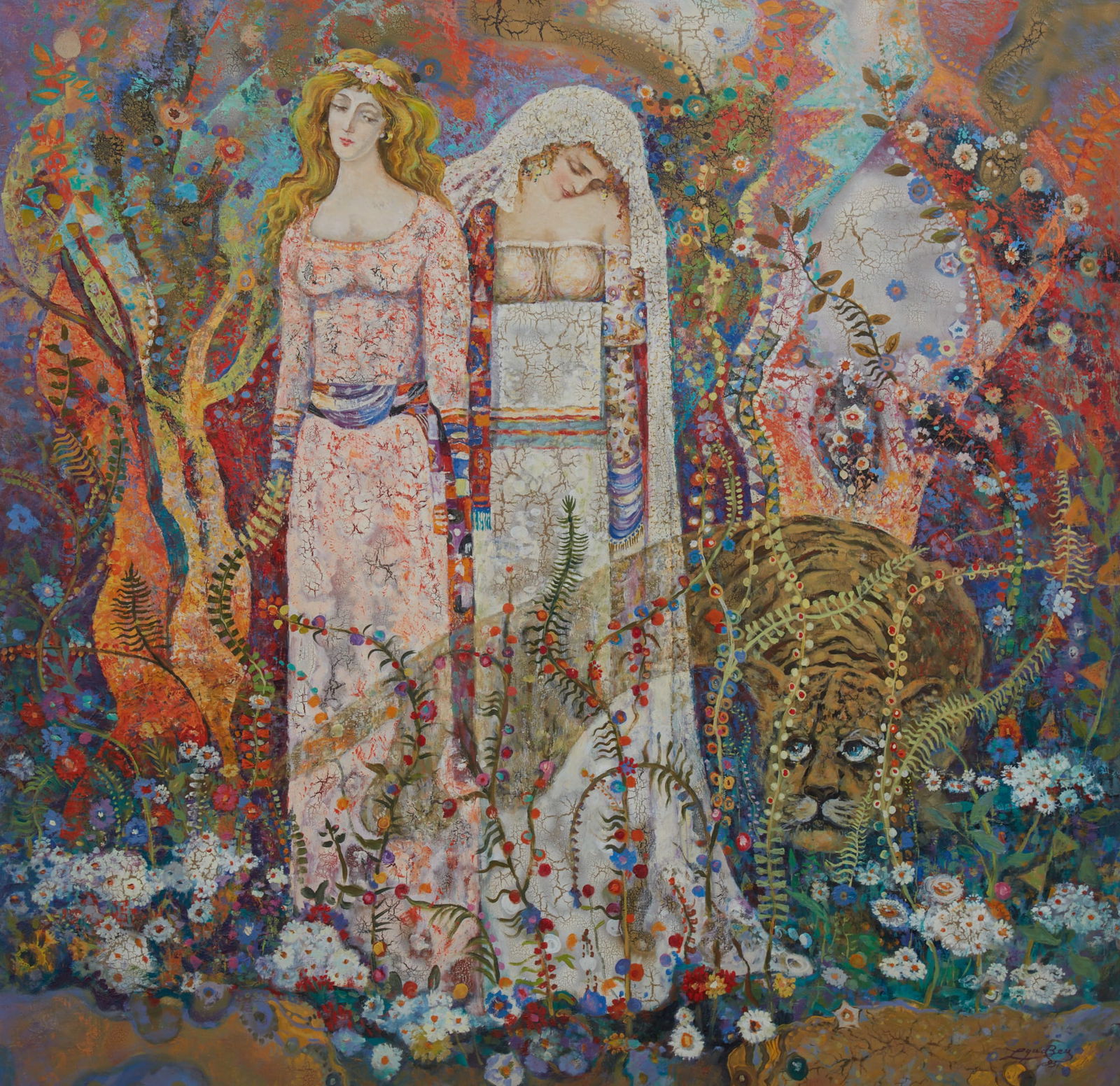 Lynne Bey (American, 20th century), Magic Garden, mixed media on canvas, height 48 x width 47in (122: Lynne Bey American 20th century Magic Garden mixed media on canvas signed and dated '95 to lower right. height 48 x width 47in (122 x 119cm)