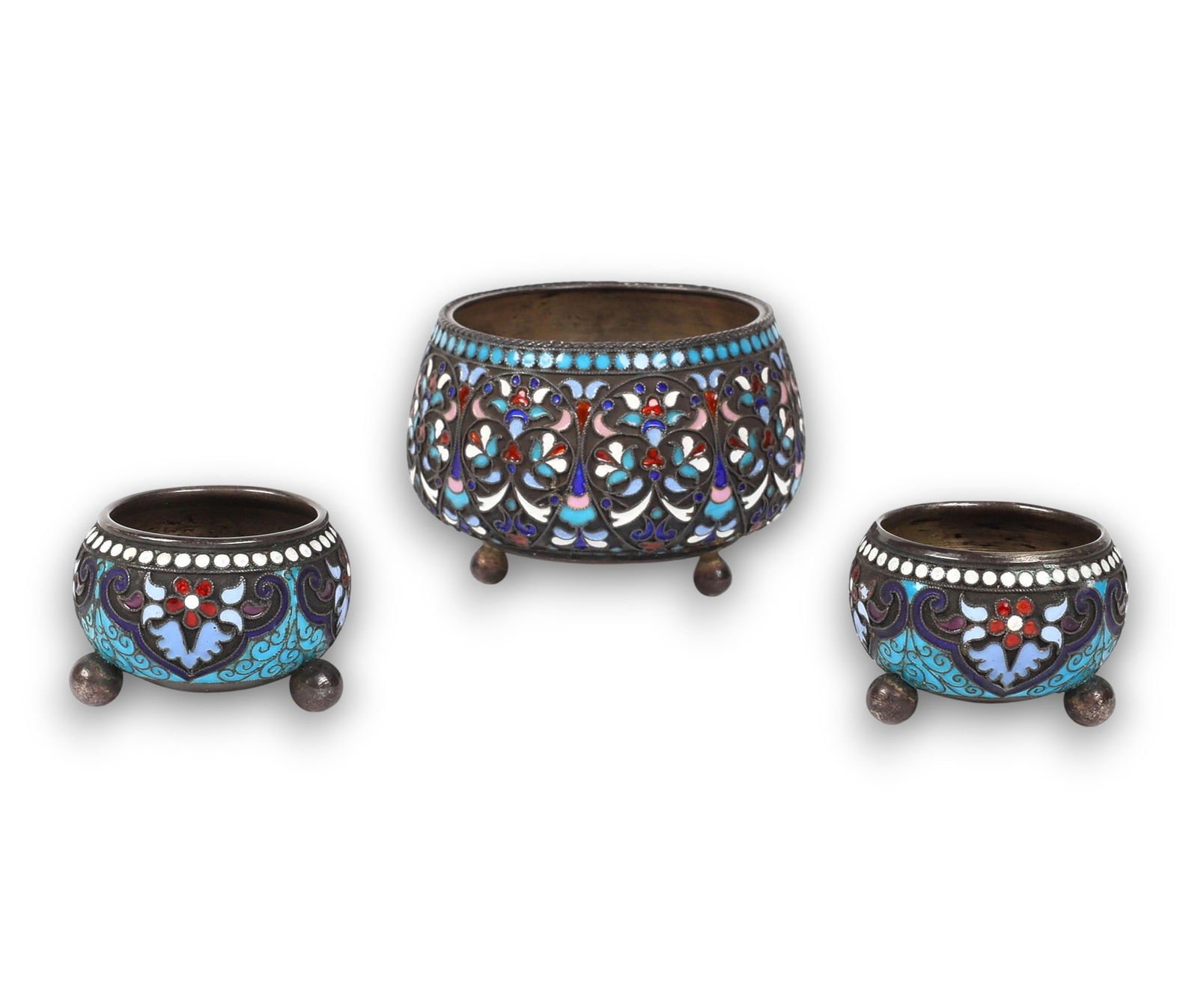 A group of three Russian Champleve open salts (1 of 4)