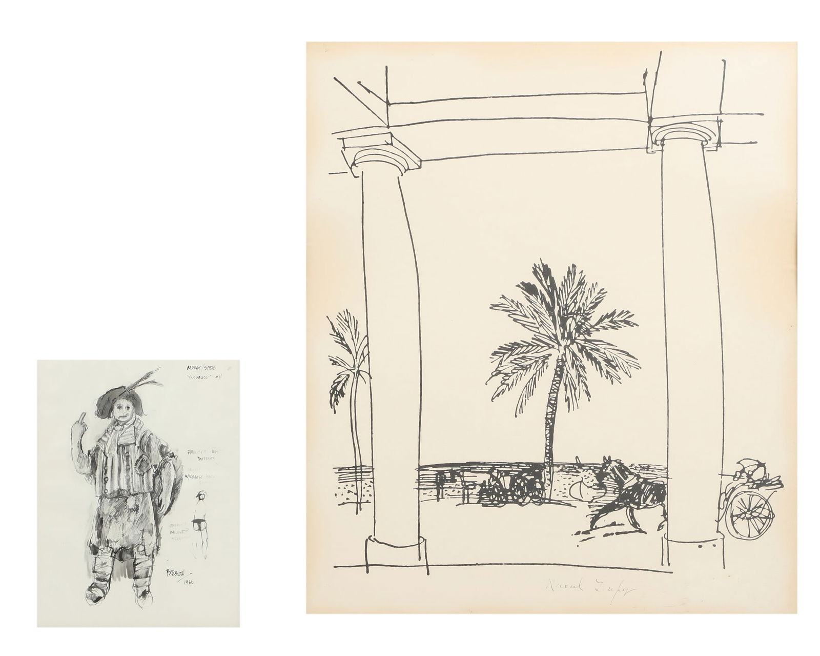 Lewis Brown (American, 1928-2011), Costume design, Cucurucu, #11 - Marat/Sade, 1966, ink and wash on: Lewis Brown American 1928-2011 Costume design, Cucurucu, #11 - Marat/Sade, 1966 ink and wash on paper signed and dated lower right; together with a reproduction Raoul Dufy, La Palais de la Mediterrane