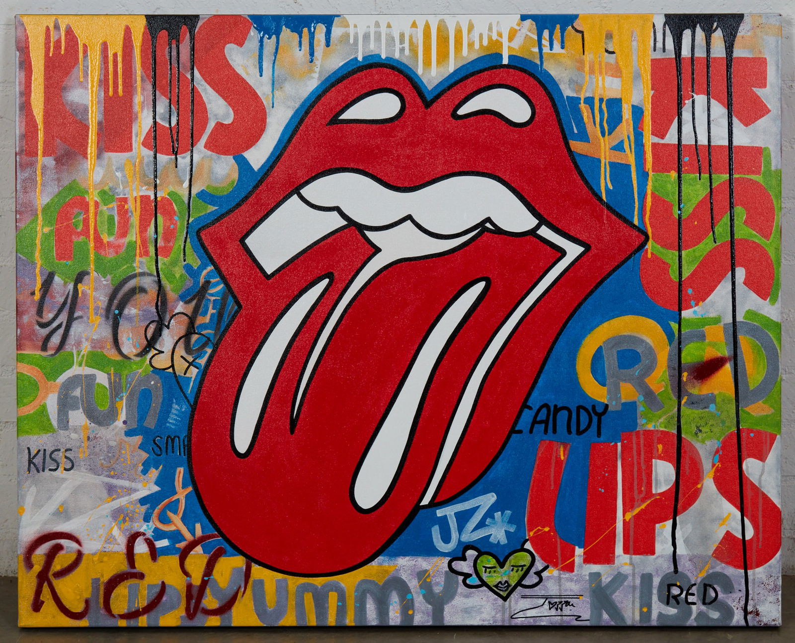 Tazzan (unknown, 20th century), Kiss Red Lips, acrylic on canvas, height 40 1/4 x width 50 1/4 in: Tazzan unknown 20th century Kiss Red Lips acrylic on canvas signed to lower center. height 40 1/4 x width 50 1/4 in (102.2 x 127.6 cm)