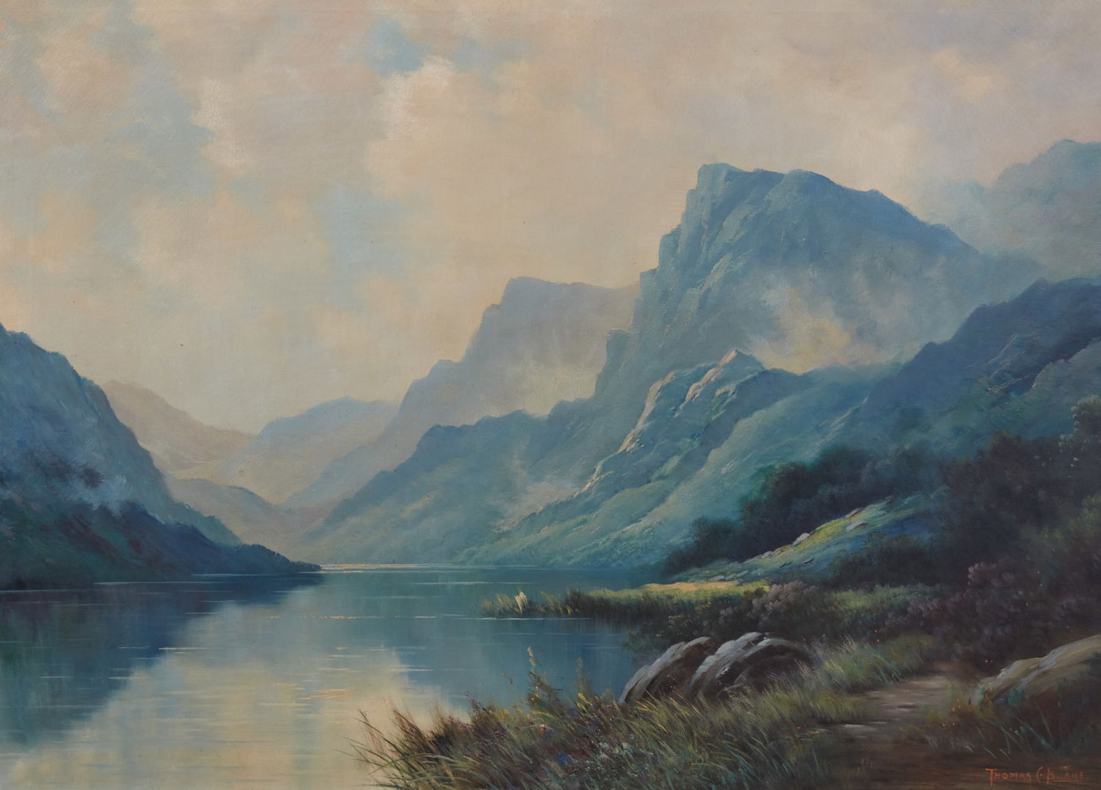 Thomas C. Blake (American / Scottish, 19th and 20th century), Summer Highlands, oil on canvas,: Thomas C. Blake American / Scottish 19th and 20th century Summer Highlands oil on canvas signed to lower right. height 28 x width 38in (71 x 97cm)