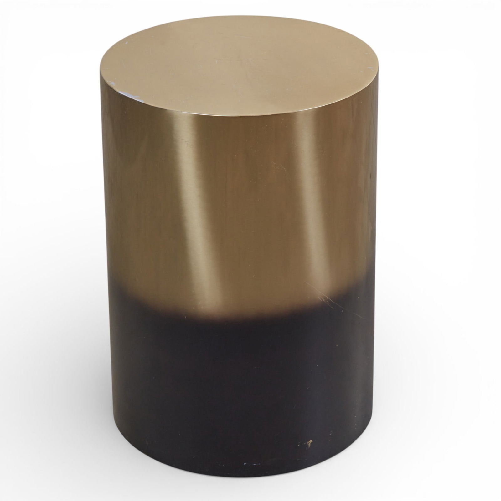 A two tone round metal side table: A two tone round metal side table height 20 x diameter 13 in. (50.8 x 33 cm.)