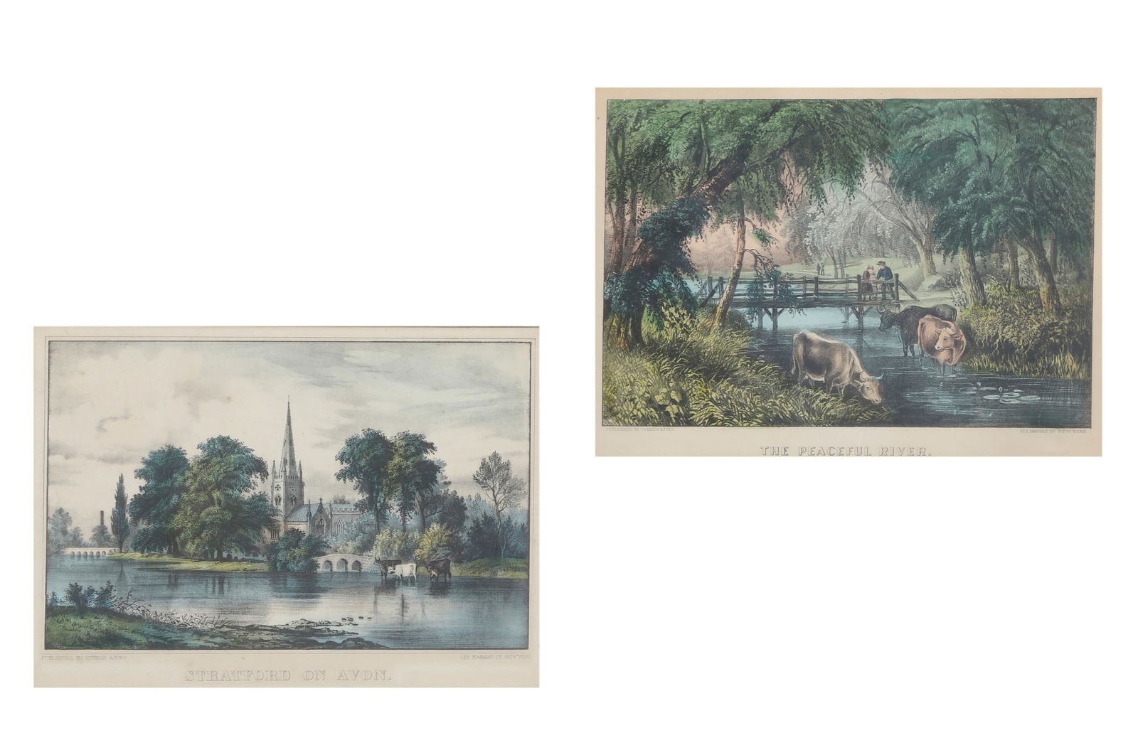 Two hand colored Currier and Ives 19th century lithographs: Two hand colored Currier and Ives 19th century lithographs lot includes: The Peaceful River, 1870; and Stratford on Avon, 1856 10 x 14in (26 x 36cm) Provenance: Property from the Collection of Donald