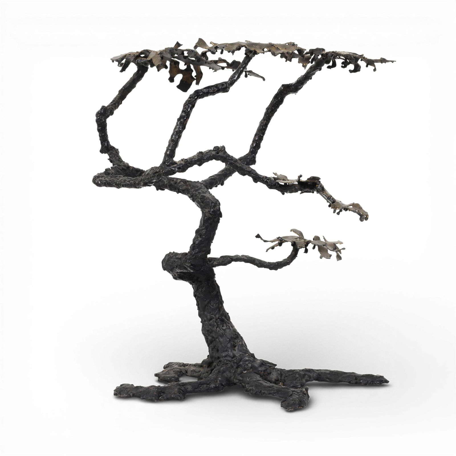 A naturalistic patinated metal tree form stand, modern: A naturalistic patinated metal tree form stand modern height 19in (48cm); width 18in (46cm); depth 15in (38cm)