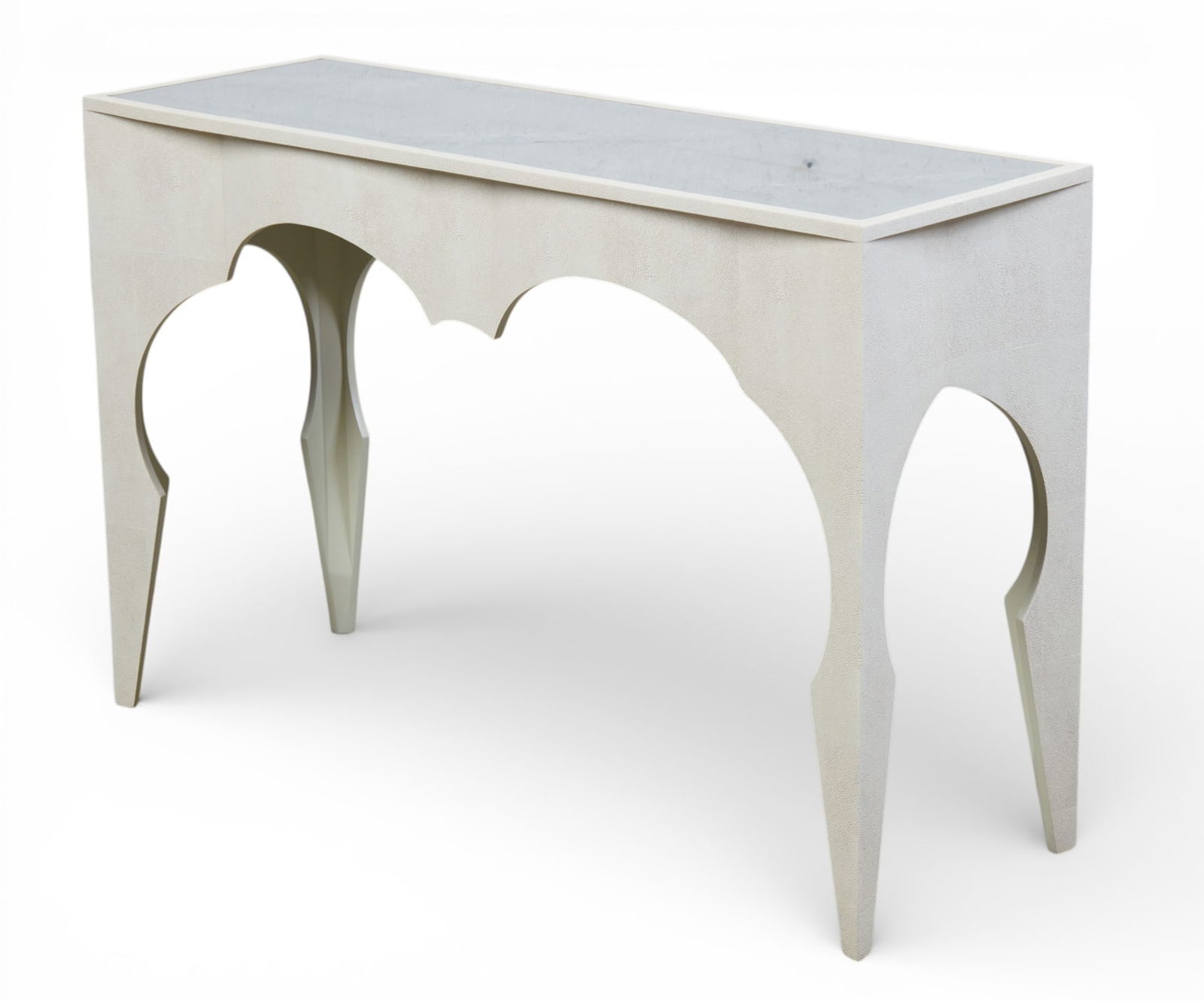 A faux shagreen side table with mirrored top, modern: A faux shagreen side table with mirrored top modern height 32in (81cm); width 48in (122cm); depth 16in (41cm)