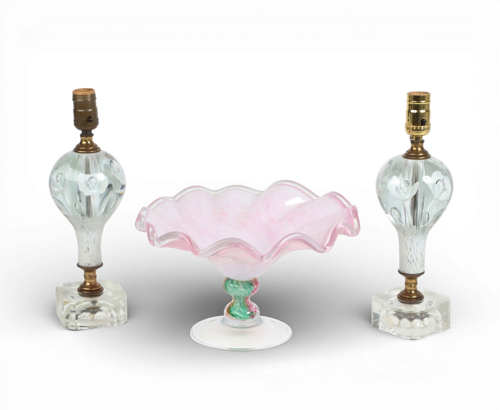 A pair of glass table lamps together with a pedestal compote (3) (1 of 3)