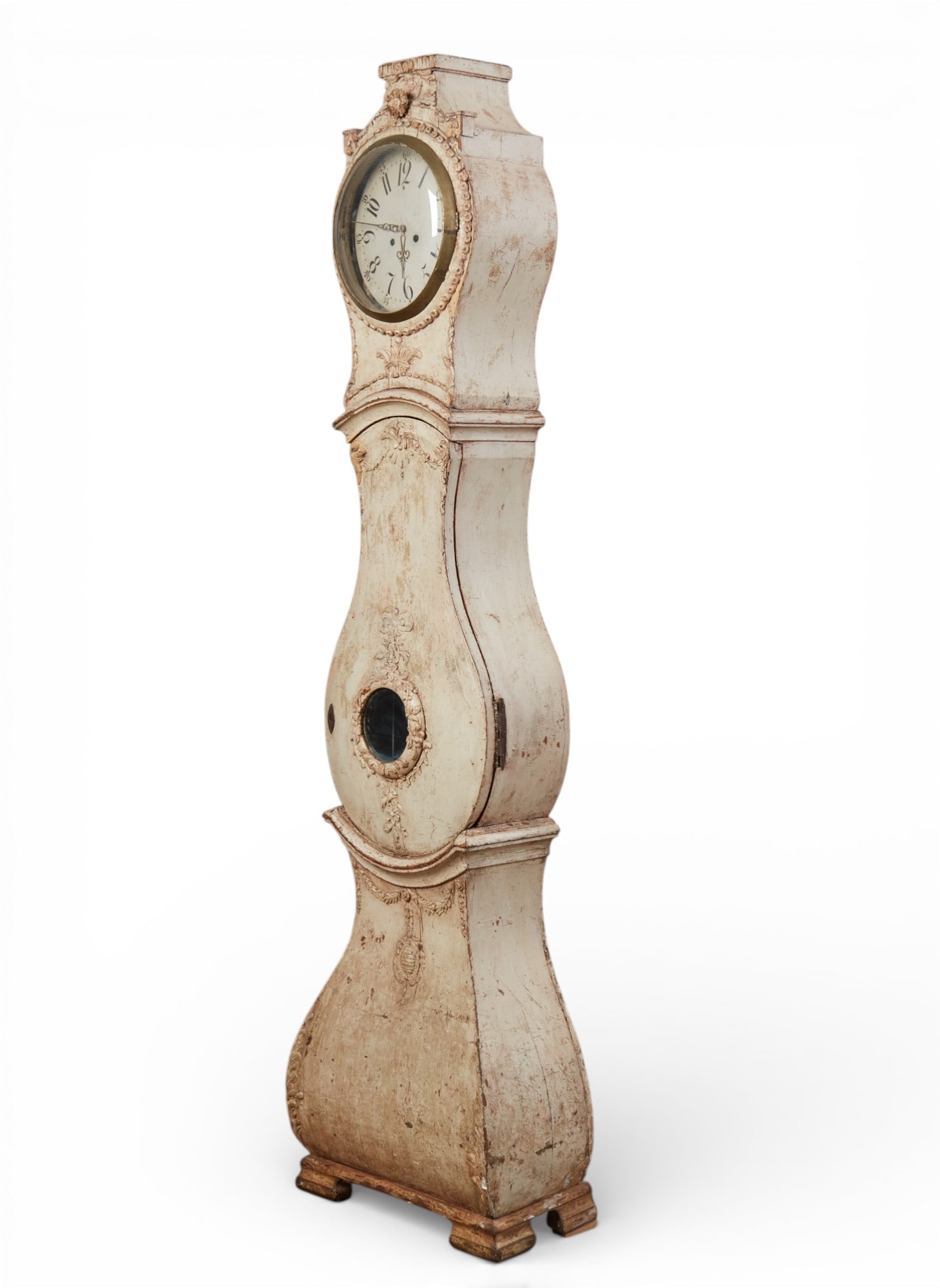 A Swedish Rococo paint decorated tallcase clock, second half 18th century: A Swedish Rococo paint decorated tallcase clocksecond half 18th centuryThe circular painted dial with Arabic chapters, the twin train movement striking on two bells.height 91 1/2in (232.5cm); width 24