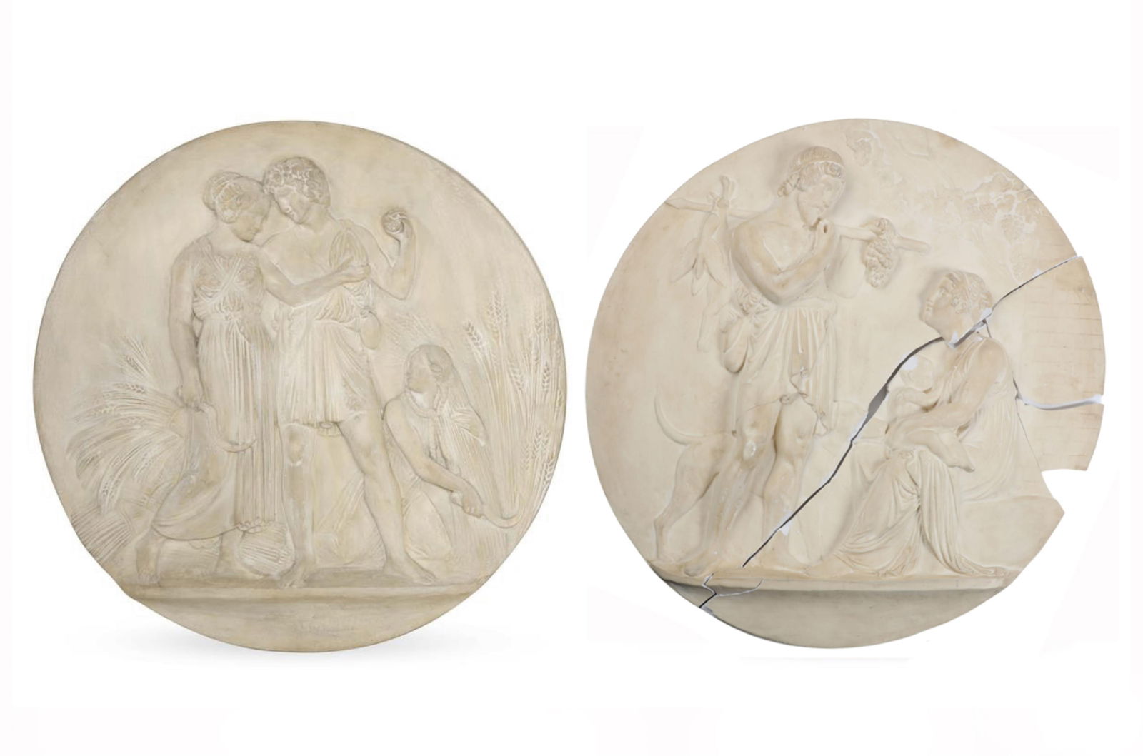 A pair of molded plaster relief plaques, after Berthel Thorvaldsen (Danish, 1770-1844): A pair of molded plaster relief plaquesafter Berthel Thorvaldsen (Danish, 1770-1844)20th centuryAllegorical of Youth - Summer, Manhood - Autumn.diameter 27 1/2in (70cm) Provenance:Sold in