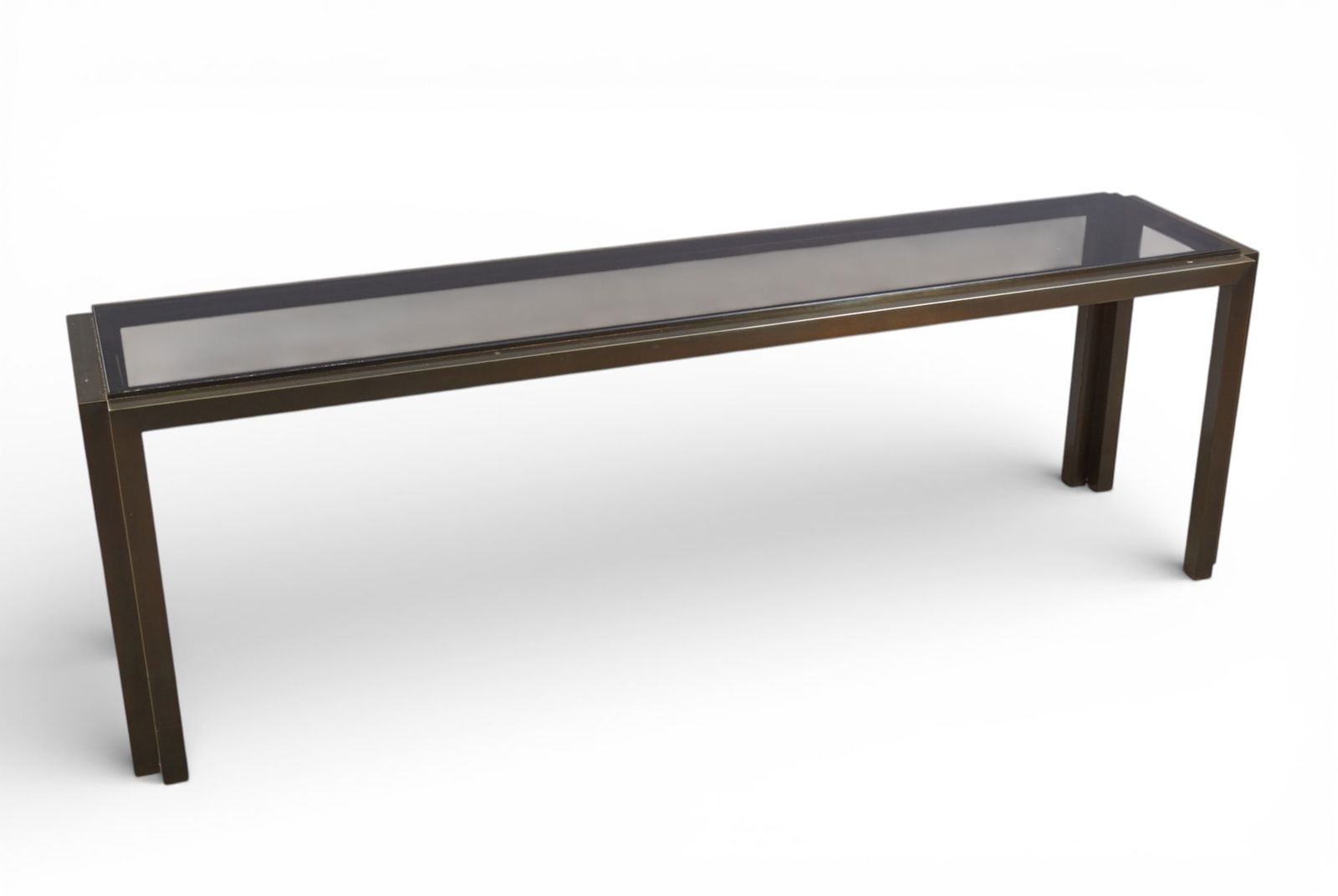 A modern patinated metal and smoky glass low console table (1 of 8)