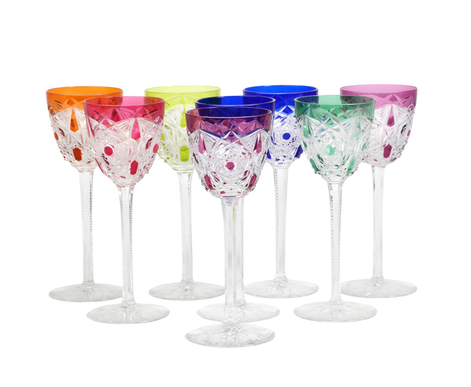 A set of eight Baccarat multi colored cut to clear Lagny Rhine wine glasses, 20th century (1 of 3)