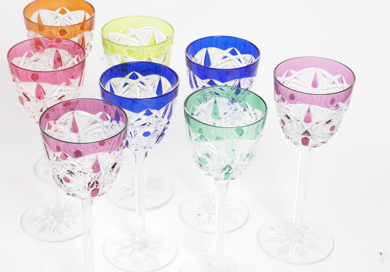 A set of eight Baccarat multi colored cut to clear Lagny Rhine wine glasses, 20th century - 2