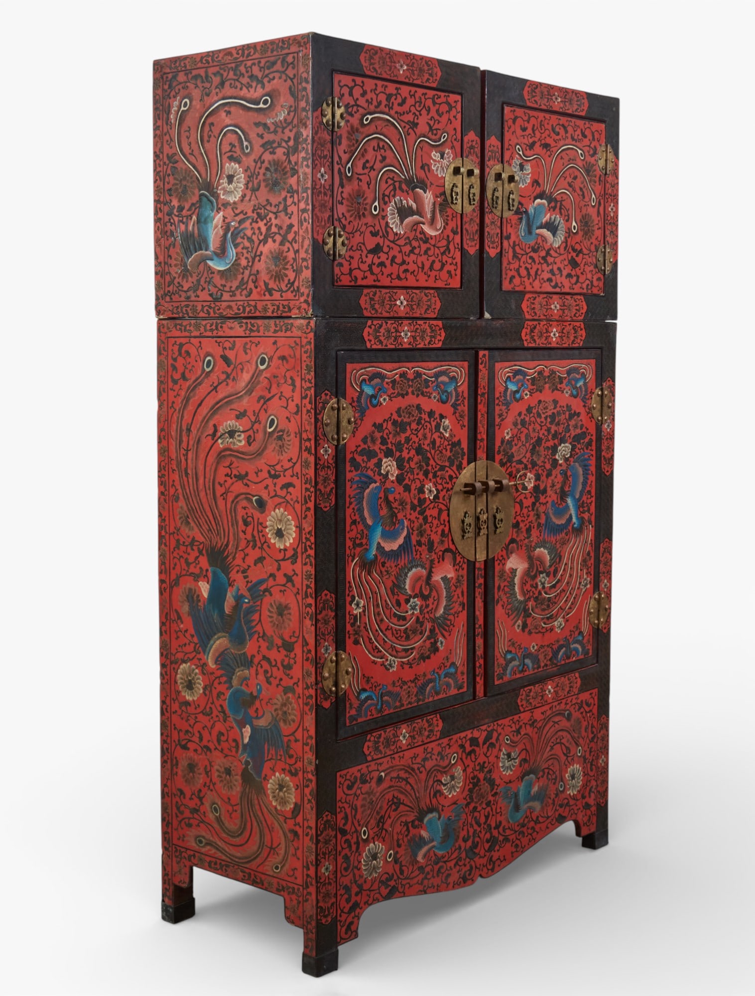 A Chinese brass mounted polychrome decorated cupboard (1 of 11)