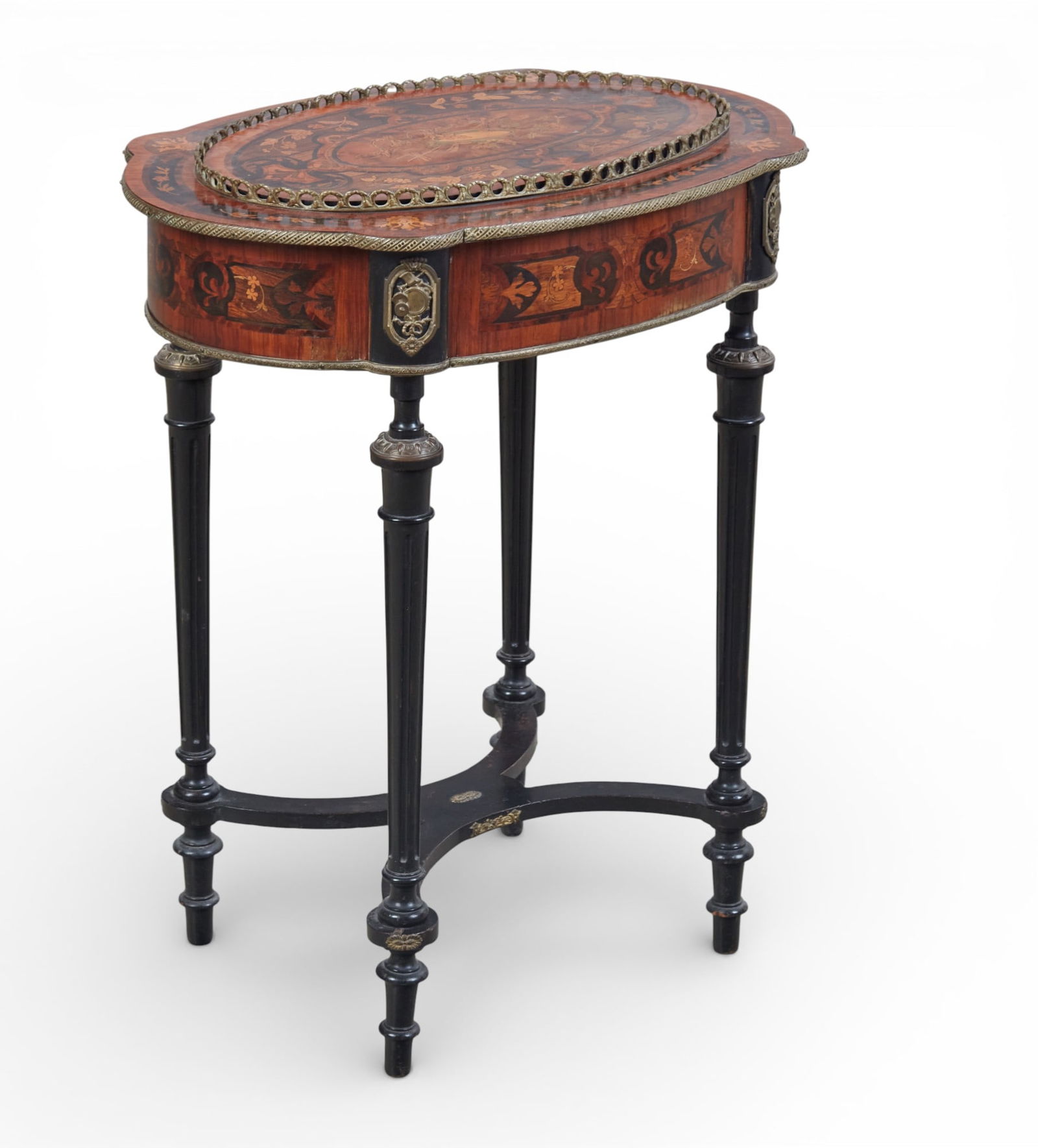A French gilt metal mounted marquetry inlaid and ebonized oval table/jardiniere, late 19th century (1 of 12)