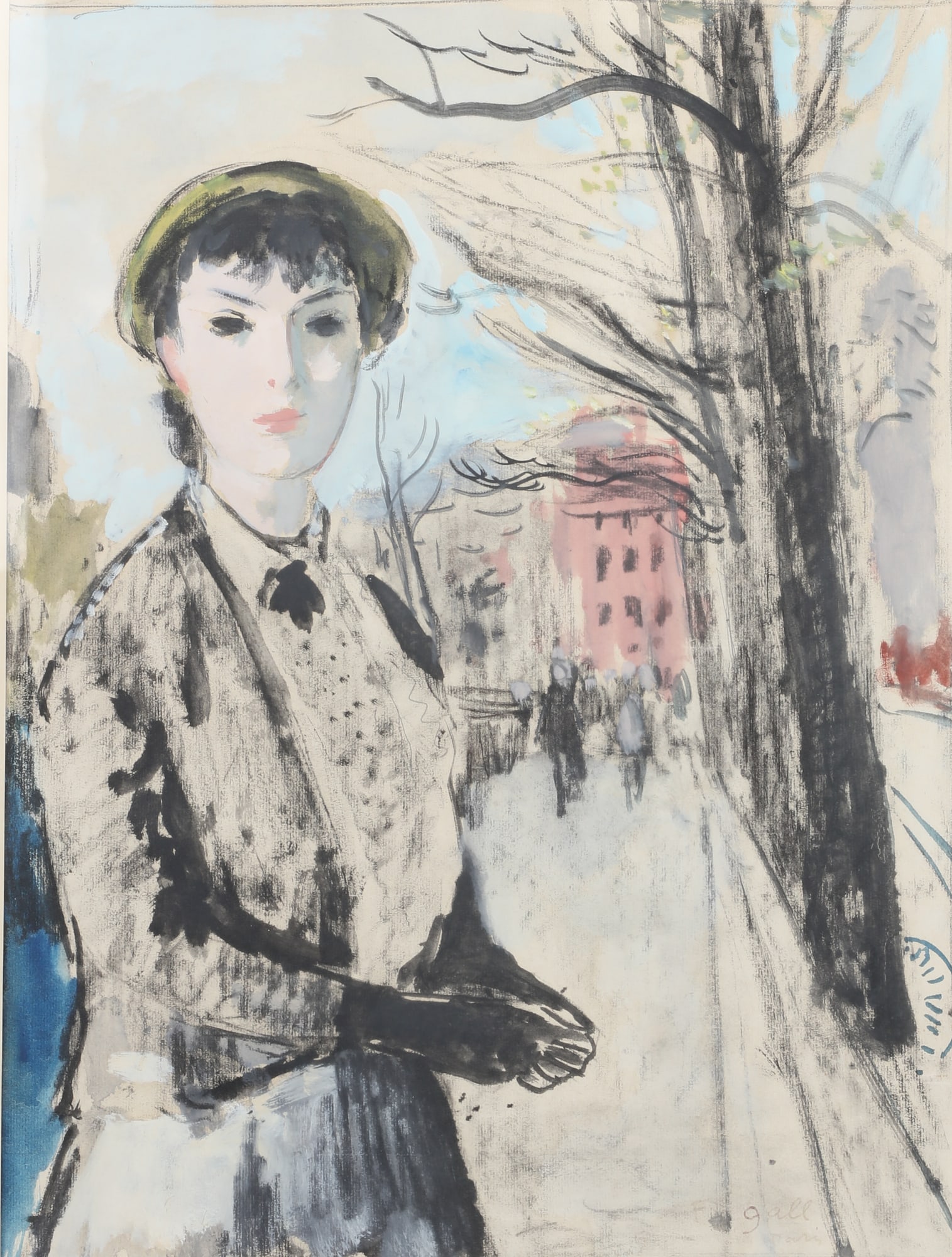 Francois Gall (Hungarian/French, 1912-1987), Woman along boulevard, mixed media on paper on board (1 of 5)