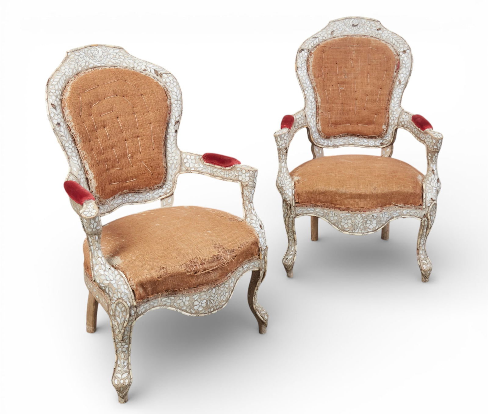 A pair of Levantine shell inlaid hardwood armchairs, late 19th century (1 of 9)