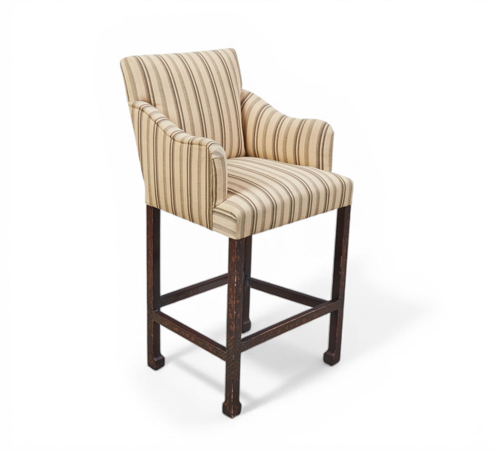 A Rose Tarlow upholstered ebonized Chinese high bar stool, modern: A Rose Tarlow upholstered ebonized Chinese high bar stoolmodernheight 44 1/2in (113cm); width 23 1/2in (60cm); depth of seat 17in (43cm)