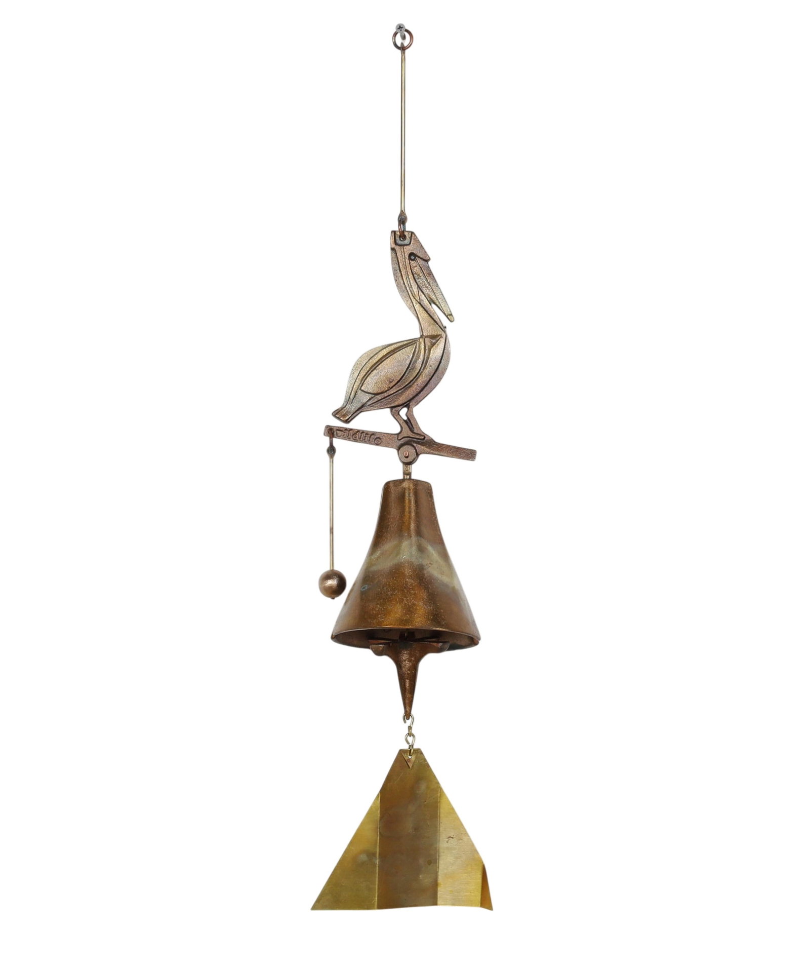 A Paolo Soleri patinated bronze pelican windbell, mid 20th century: A Paolo Soleri patinated bronze pelican windbellmid 20th centuryWith maker's applied plaque to bell.overall length 29in (72.5cm); width 6in (15cm); depth 5in (12.5cm) Provenance:Property from a