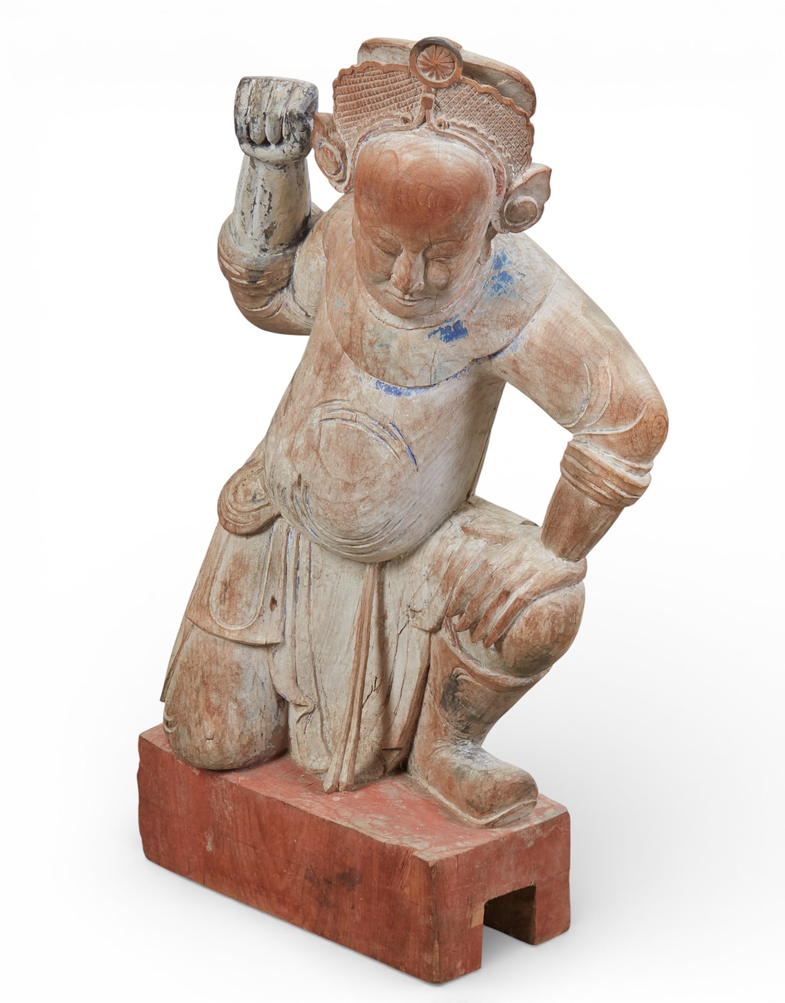 A Chinese painted wood model of a kneeling guardian: A Chinese painted wood model of a kneeling guardianheight 37in (94cm); width 22in (56cm); depth 10 1/2in (27cm)