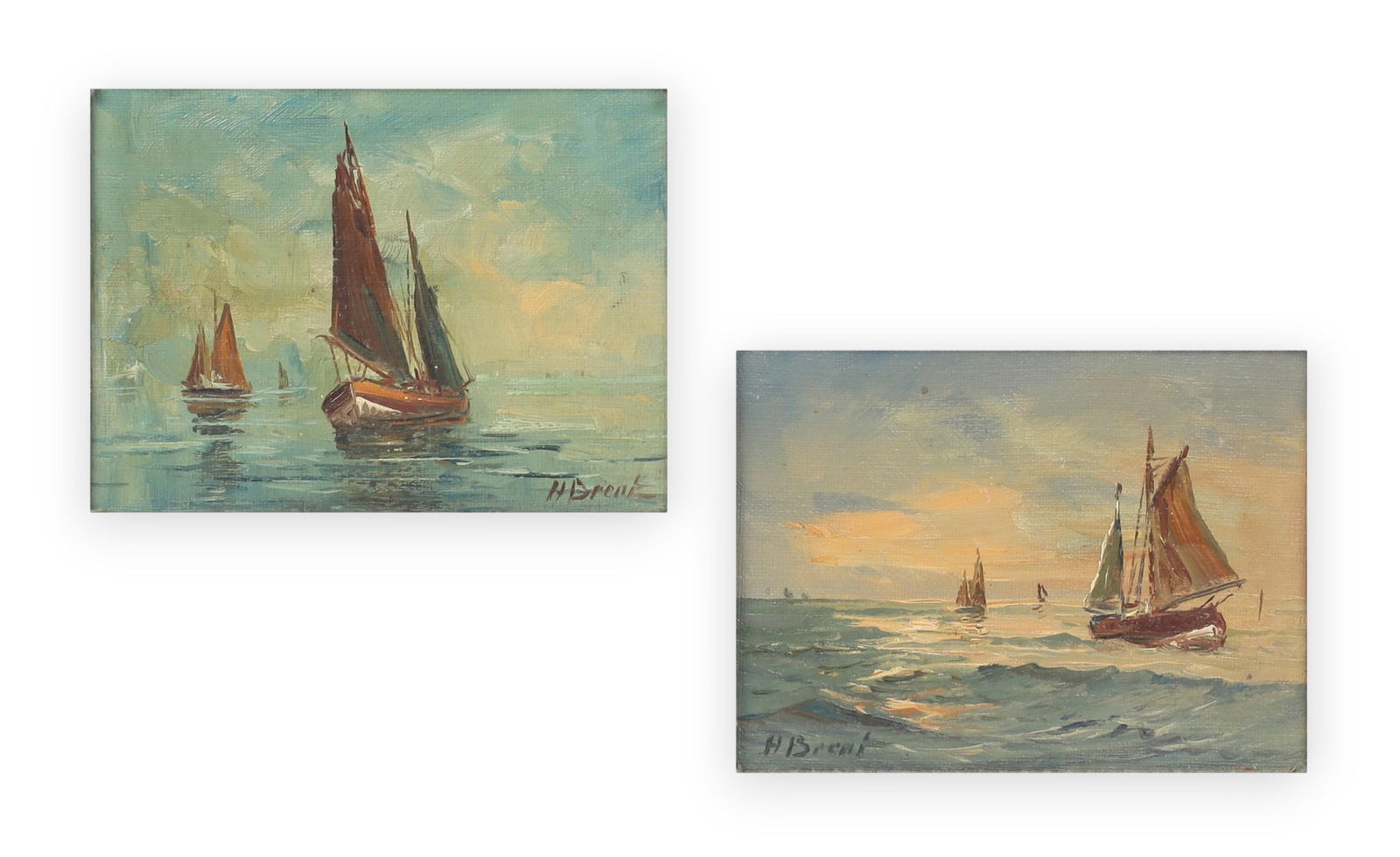 H. Brent (British, 20th century), Two sailing scenes, oil on board, 8 x 10in (20 x 25cm): H. Brent(British, 20th century)Two sailing scenesoil on boardboth signed; one lower right, the other lower left8 x 10in (20 x 25cm)