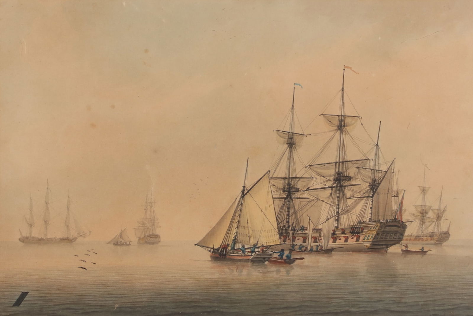 Samuel Owen (British, 1768-1857), East Indiamen, watercolor on heavy paper stock (1 of 8)