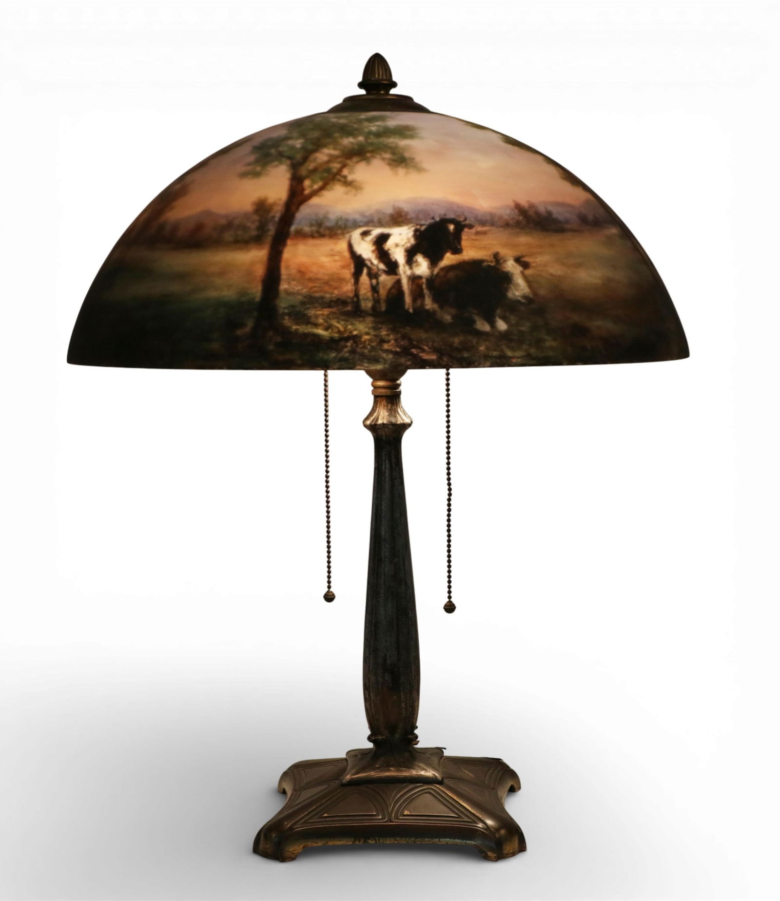 An Ulla Darni reverse painted glass bucolic landscape lamp shade on associated base (1 of 11)