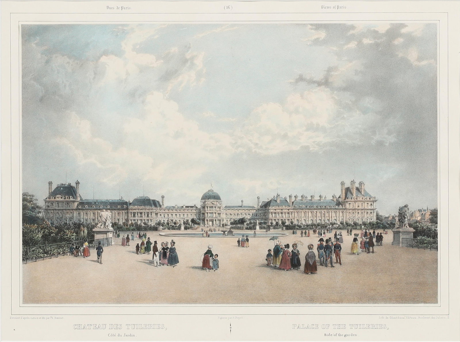 A View of the Palace and the Jardins de Tuileries lithograph: A View of the Palace and the Jardins de Tuileries lithographA hand colored lithograph of View of the Palace and the Gardens de Tuileries - in Promenade dans Paris et ses environs; Jean Jacottet and Ph