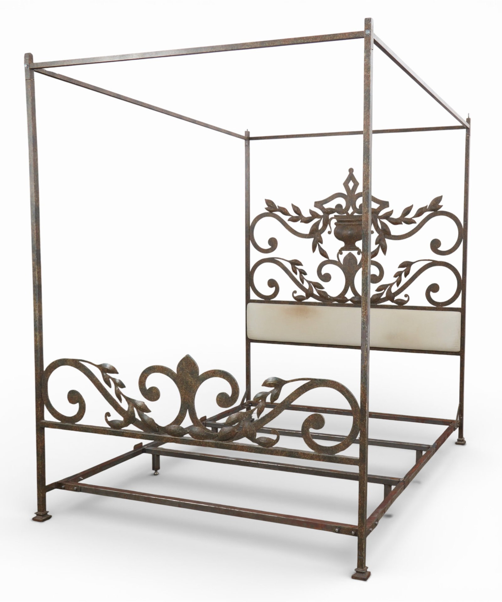 A Baroque style patinated metal bed, modern: A Baroque style patinated metal bed modern height 87 1/2in (222cm); width 76in (193cm); depth 91 1/2in (233cm)