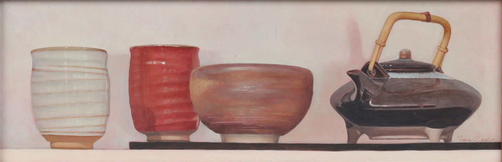 Fran Beallor (American, b. 1957), Two Cups, a Bowl, and a Teapot, 1991, oil on board: Fran Beallor(American, b. 1957)Two Cups, a Bowl, and a Teapot, 1991oil on boardsigned to lower right7 x 19 3/4in (18 x 50cm)