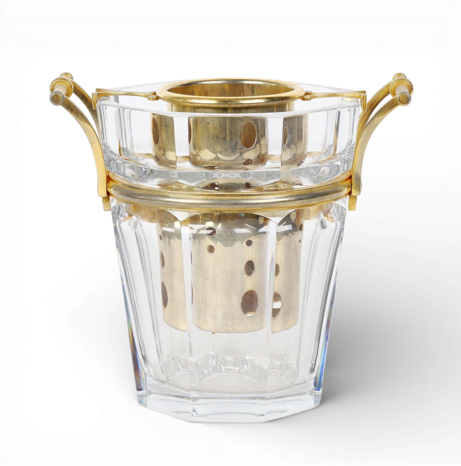 A Baccarat gilt metal mounted glass Harcourt champagne cooler, modern: A Baccarat gilt metal mounted glass Harcourt champagne coolermodernEtched factory mark.height 9 1/2in (24cm); width 10 1/2in (26.5cm); depth 8in (20cm)