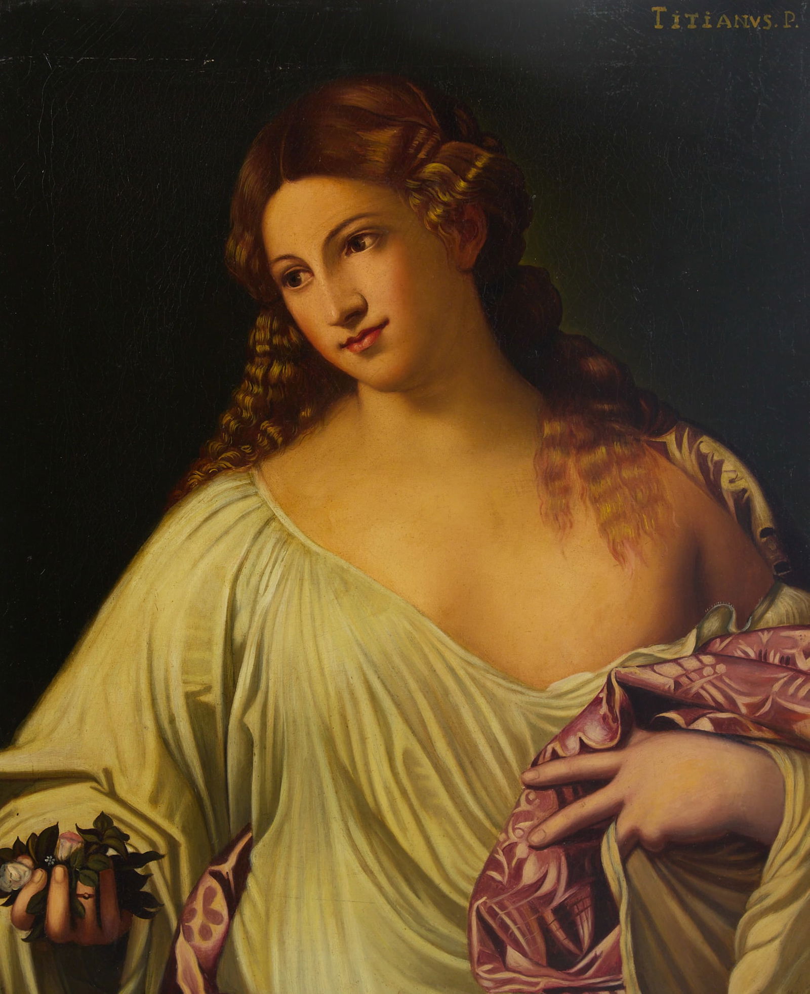 After Tiziano Vecellio (Titian) (Italy, 1488-1576), Flora, oil on canvas, 31 1/2 25 in (80 x 64 cm): After Tiziano Vecellio (Titian) (Italy, 1488-1576) Flora oil on canvas 31 1/2 25 in (80 x 64 cm) Provenance: Property from the Collection of Larry Bond, Utah.