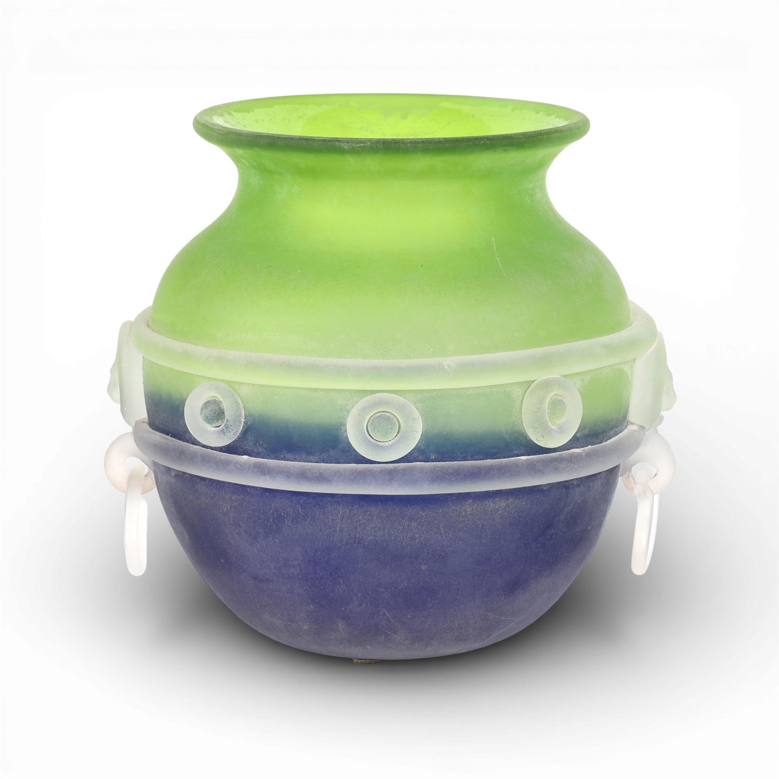 A large Murano green, blue, and clear frosted glass Scavo jardiniere, ARS Cenedese, modern: A large Murano green, blue, and clear frosted glass Scavo jardiniereARS CenedesemodernEtched signature and factory sticker to underside.height 12in (30.5cm); diameter 12 1/2in (32cm) Provenance: