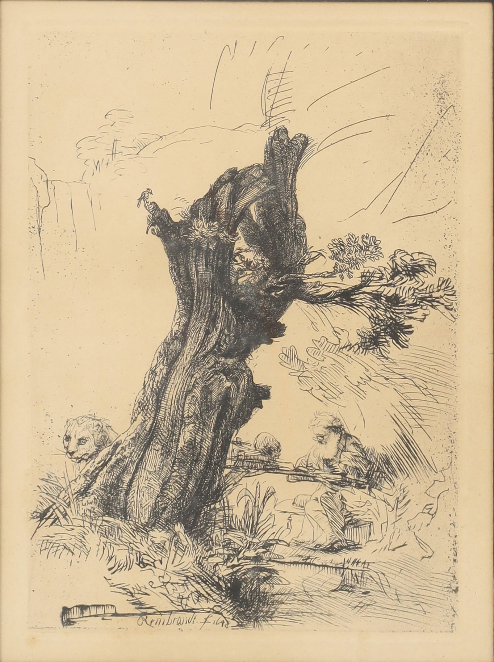 After Rembrandt van Rijn (Dutch, 1606-1669), Saint Jerome beside a Pollard Willow, etching (1 of 5)