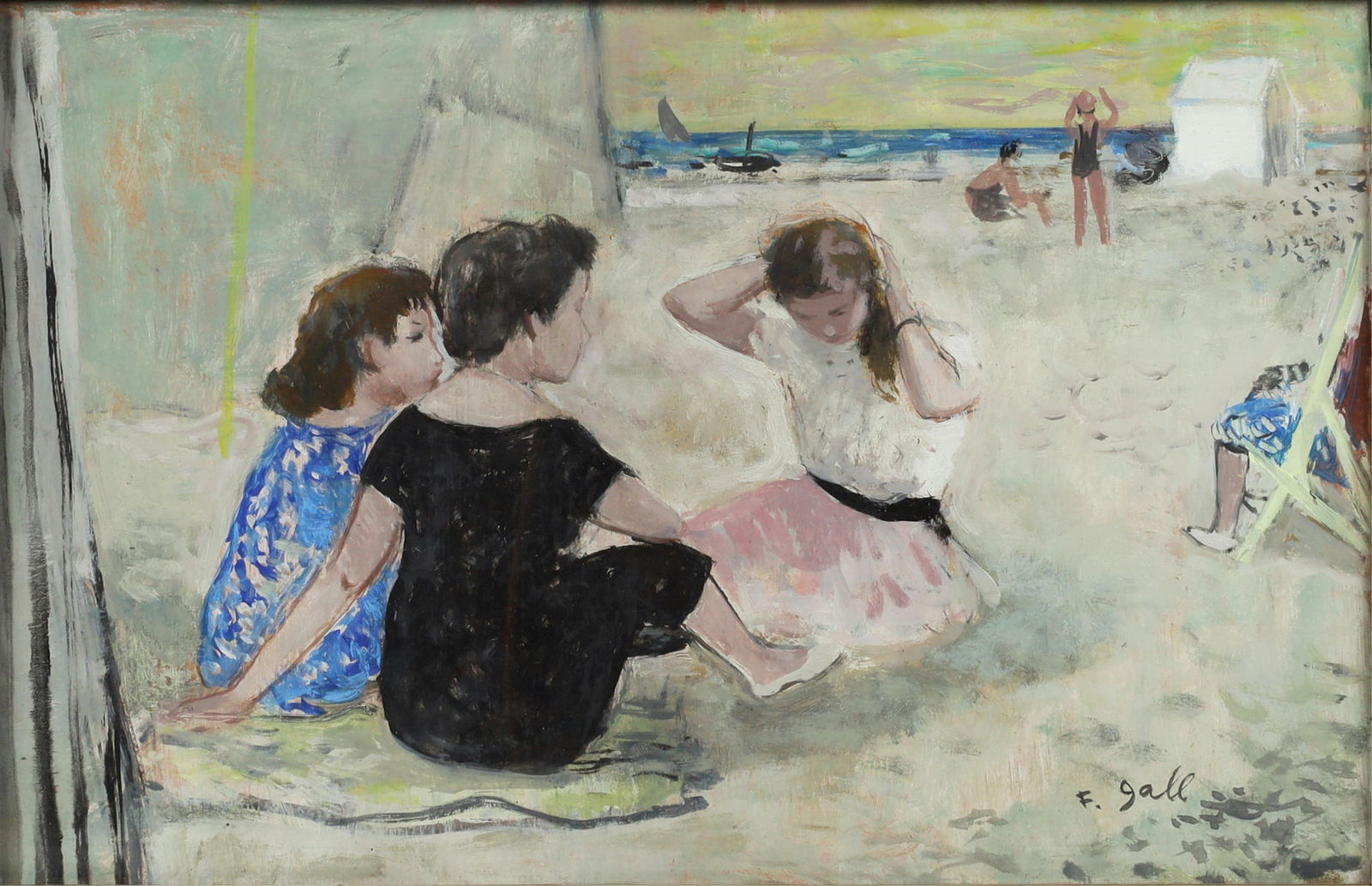 Francois Gall (Hungarian/French, 1912-1987), Three seated women at the beach, oil on masonite: Francois Gall(Hungarian/French, 1912-1987)Three seated women at the beachoil on masonitesigned lower right F. gall, signed again and with artist?s address to reverse10 3/4 x 16 1/2in (27 x 42cm)</