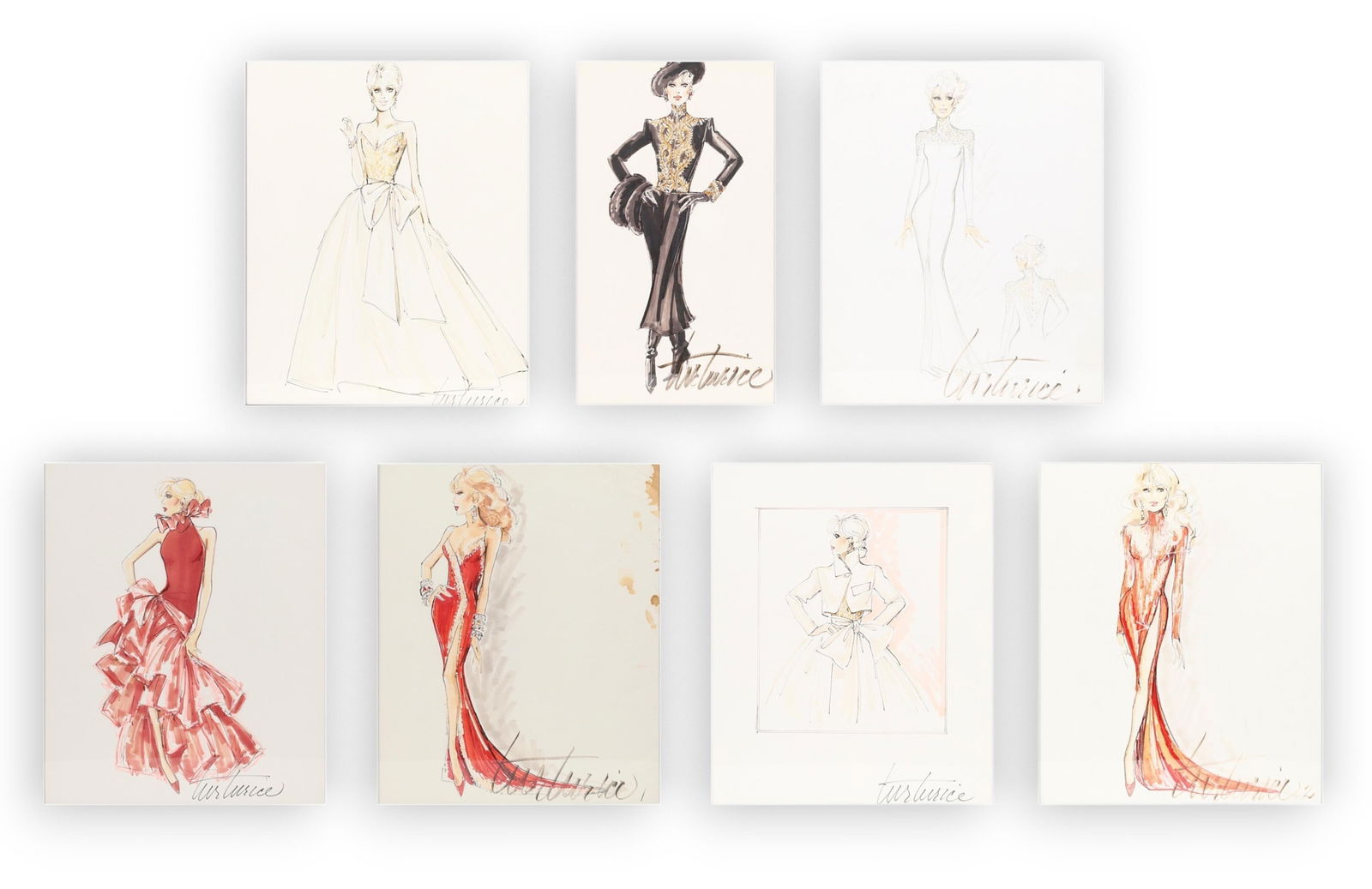 Robert Turturice (American, 1949-2009), Seven costume designs for Loni Anderson, mixed media: Robert Turturice (American, 1949-2009) Seven costume designs for Loni Anderson pencil, ink, watercolor, and gouache on wove paper lot includes seven costumes designs for the actress Loni Anderson