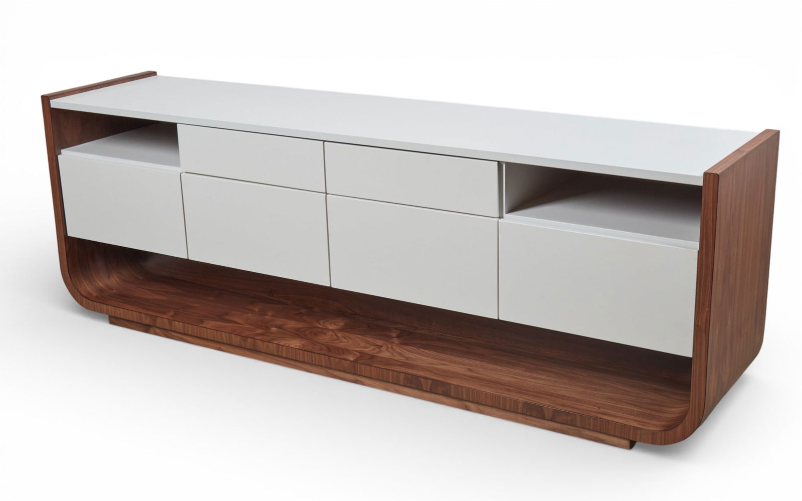 A Modernist white laminate and veneered credenza: A Modernist white laminate and veneered credenzaheight 30in (76cm); width 88in (224cm); depth 20in (51cm)