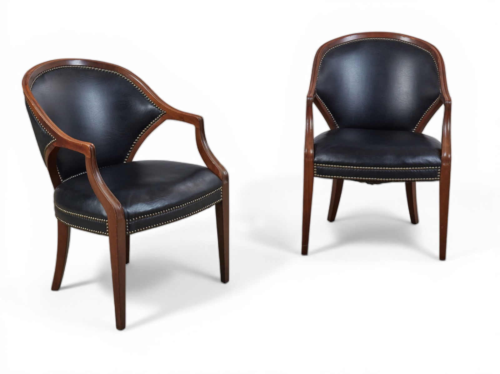A pair of Art Deco style close nailed black leather upholstered walnut armchairs (1 of 8)