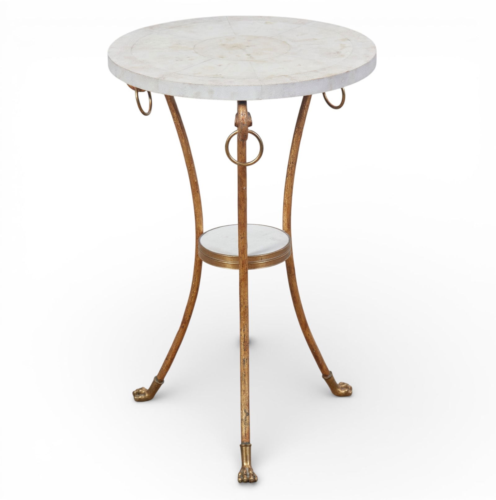 A Louis XVI style gilt metal and faux shagreen gueridon, 20th century: A Louis XVI style gilt metal and faux shagreen gueridon 20th century height 28in (71cm); diameter 18in (46cm)