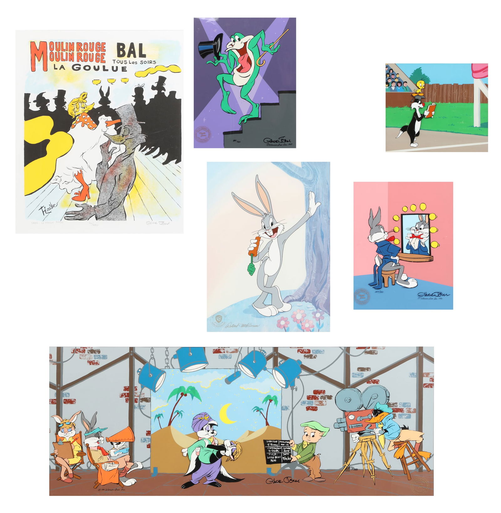 A group of six framed Looney Tunes related animation cels: A group of six framed Looney Tunes related animation cels lot includes six framed limited edition animation cels of: Bugs Bunny, Daffy Duck, Sylvester the cat, Porky Pig, Pepe LePew, and Michigan J.
